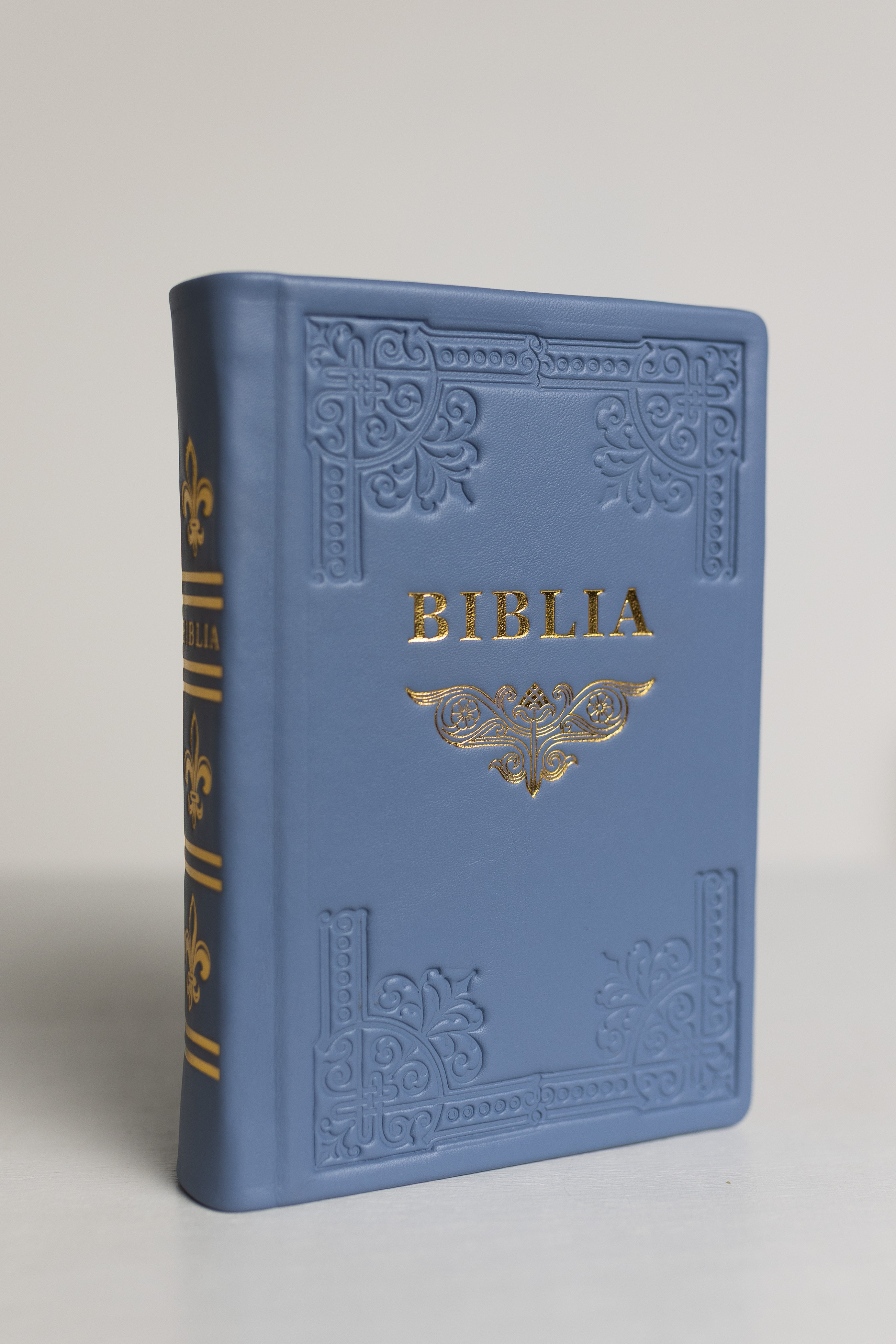 Biblia din piele, handmade, marime medie, culoare albastru pastel, margini aurii cu index, cuv. lui Isus cu rosu [057 HM]