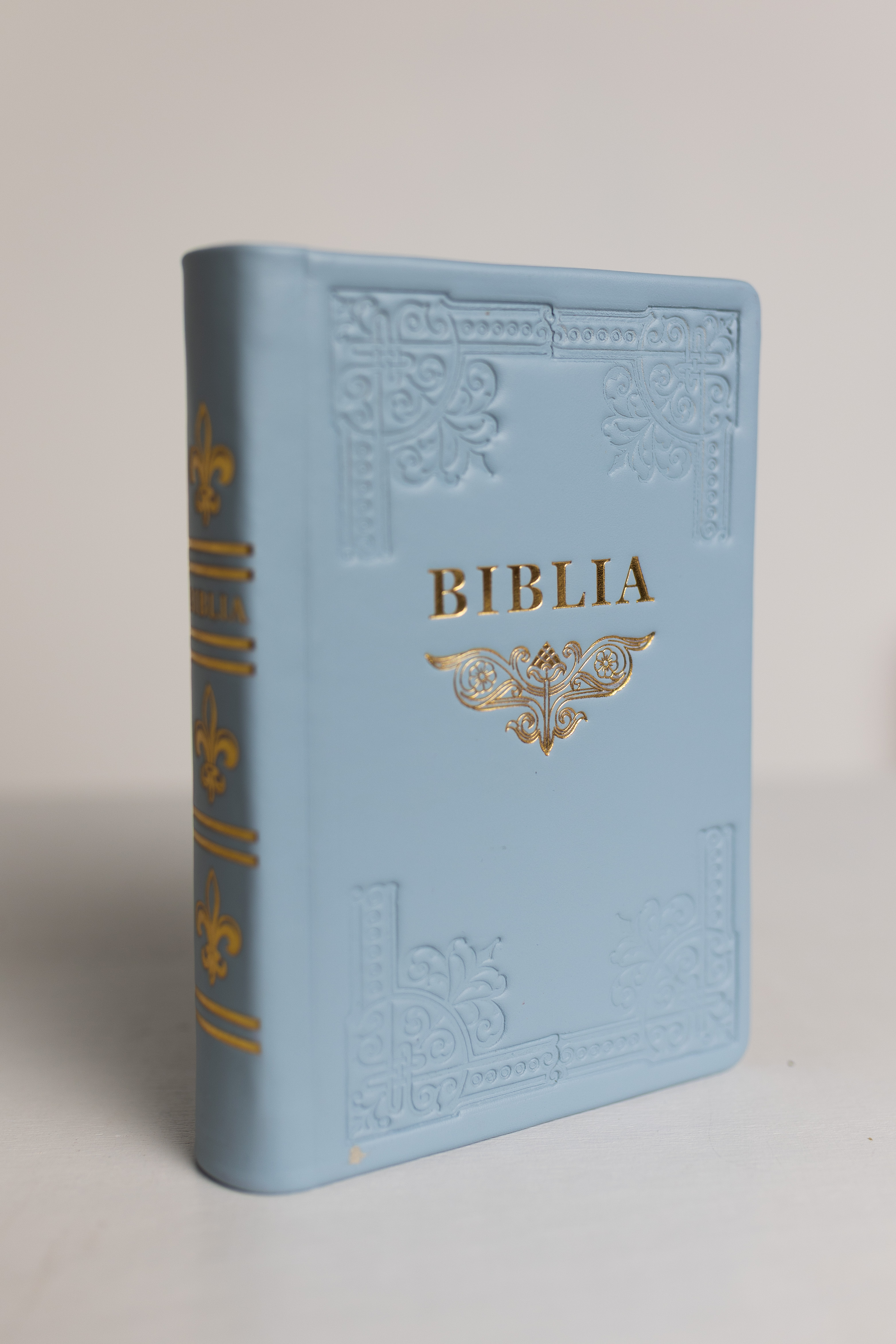 Biblia din piele, handmade, marime medie, culoare baby blue, margini aurii cu index, cuv. lui Isus cu rosu [057 HM]