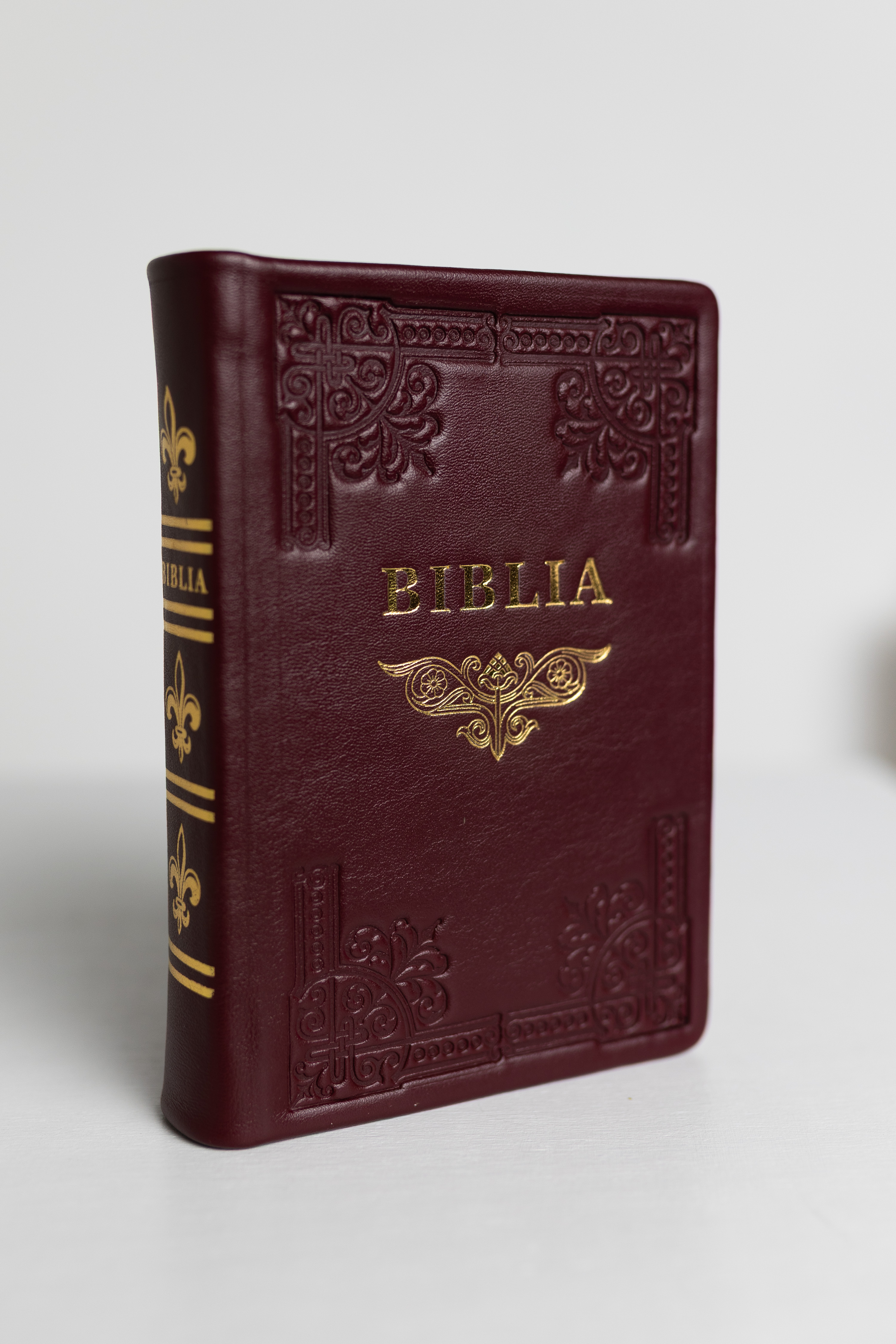 Biblia din piele, handmade, marime medie, culoare bordo închis, margini aurii cu index, cuv. lui Isus cu rosu [057 HM]