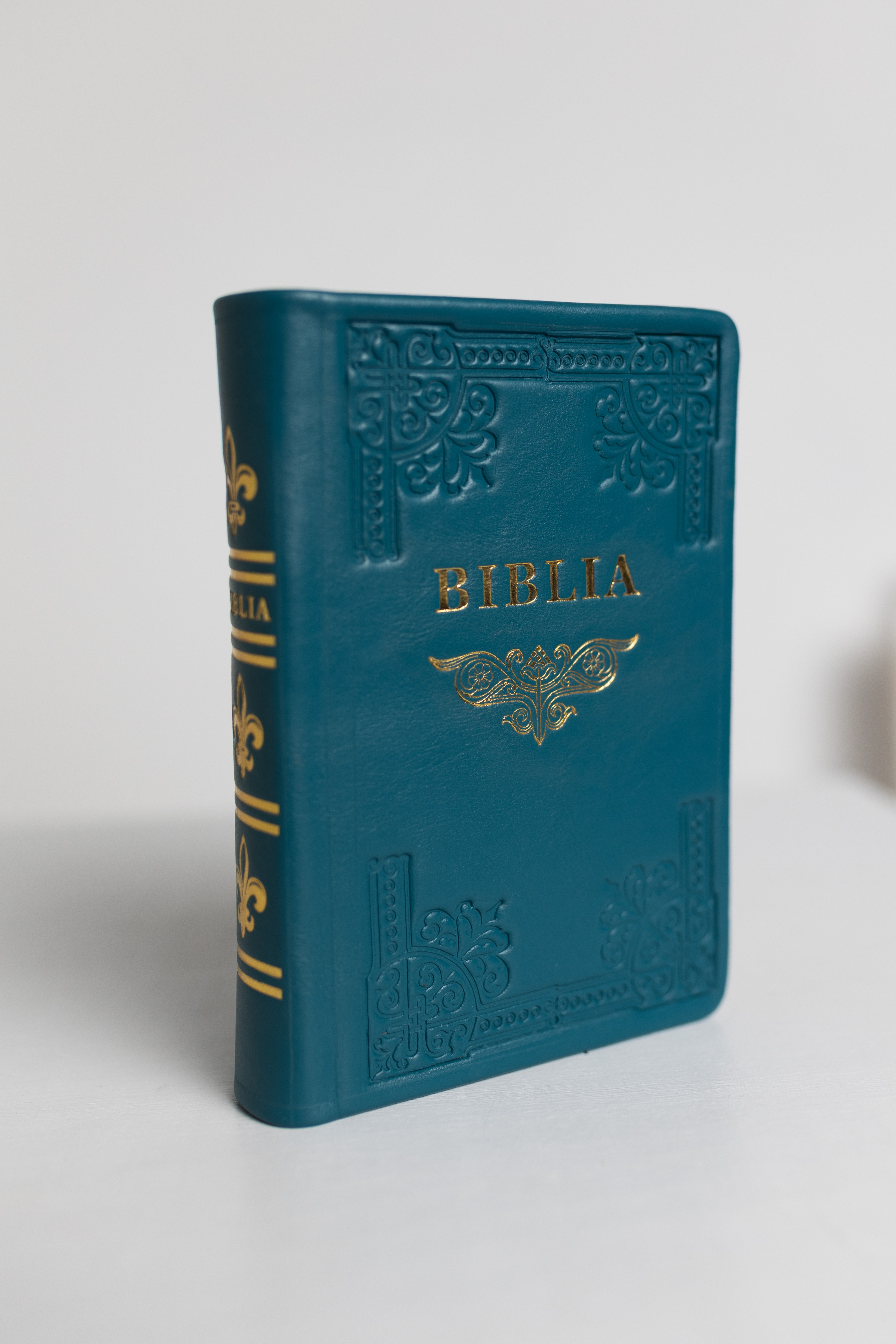 Biblia din piele, handmade, marime medie, culoare turcoaz, margini aurii cu index, cuv. lui Isus cu rosu [057 HM]