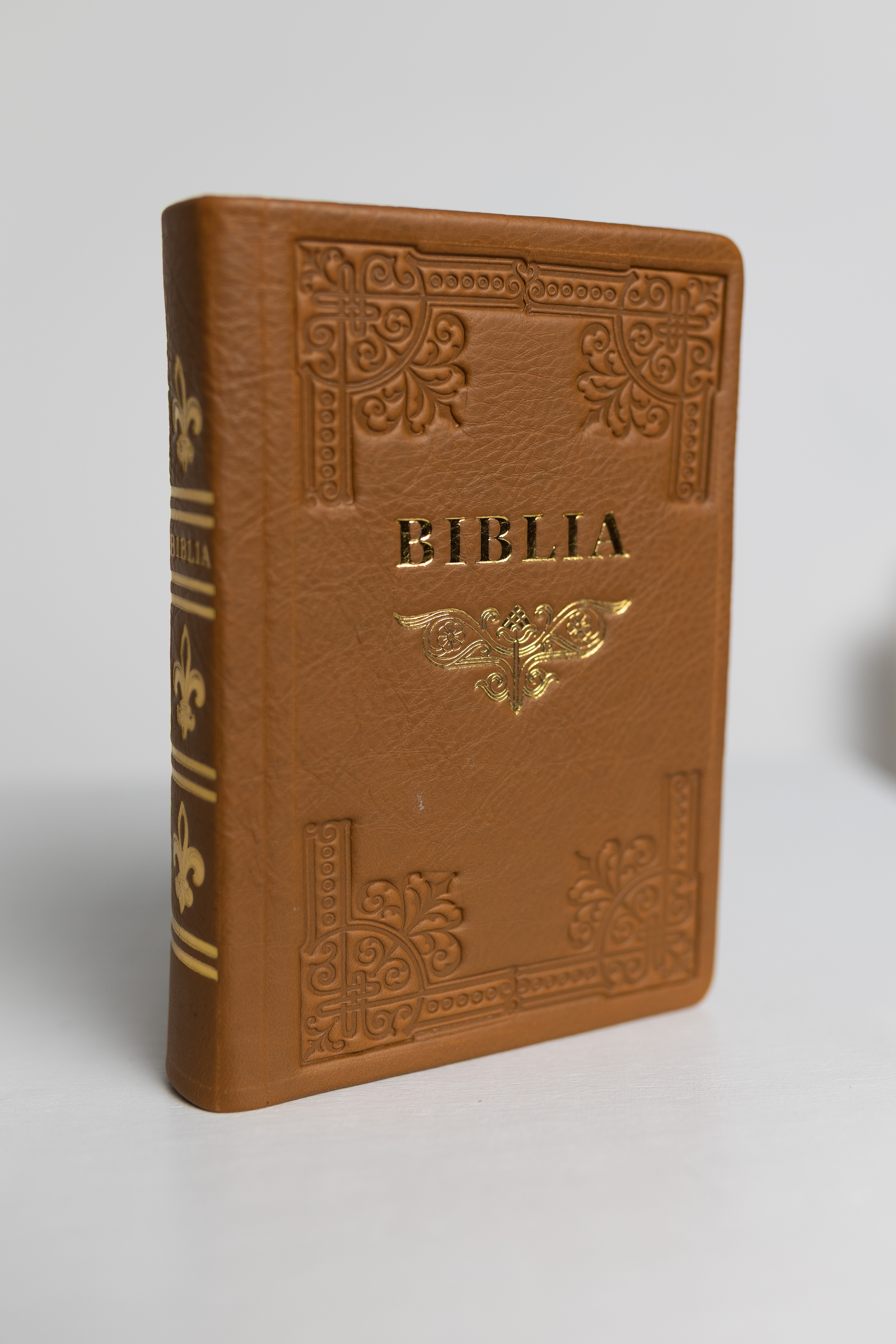 Biblia din piele, handmade, marime medie, culoare maro deschis, margini aurii cu index, cuv. lui Isus cu rosu [057 HM]