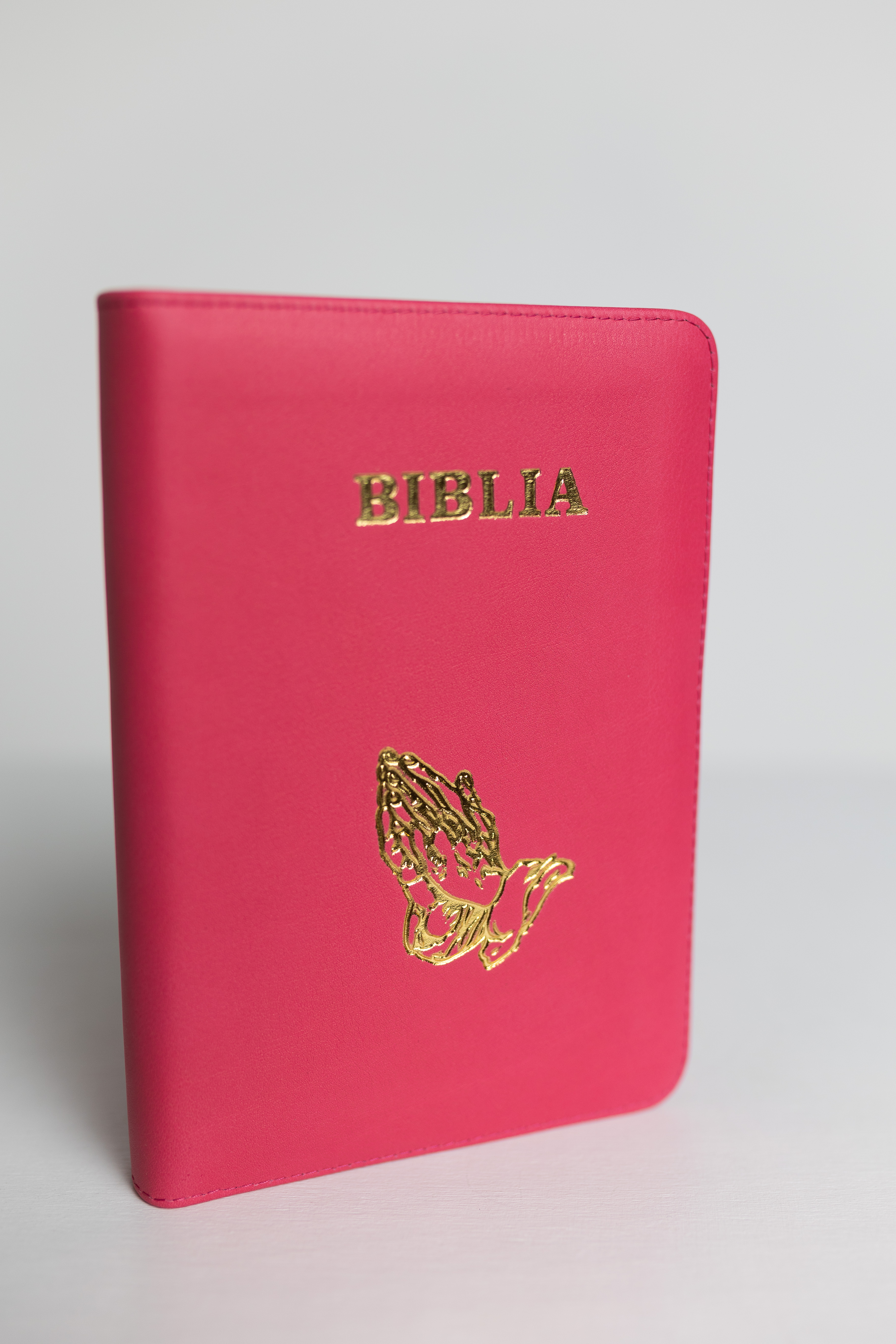 Biblie din piele, roz pastel închis, margini aurii, index, maini in rugaciune, cuv. lui isus cu roșu [057 PFI]