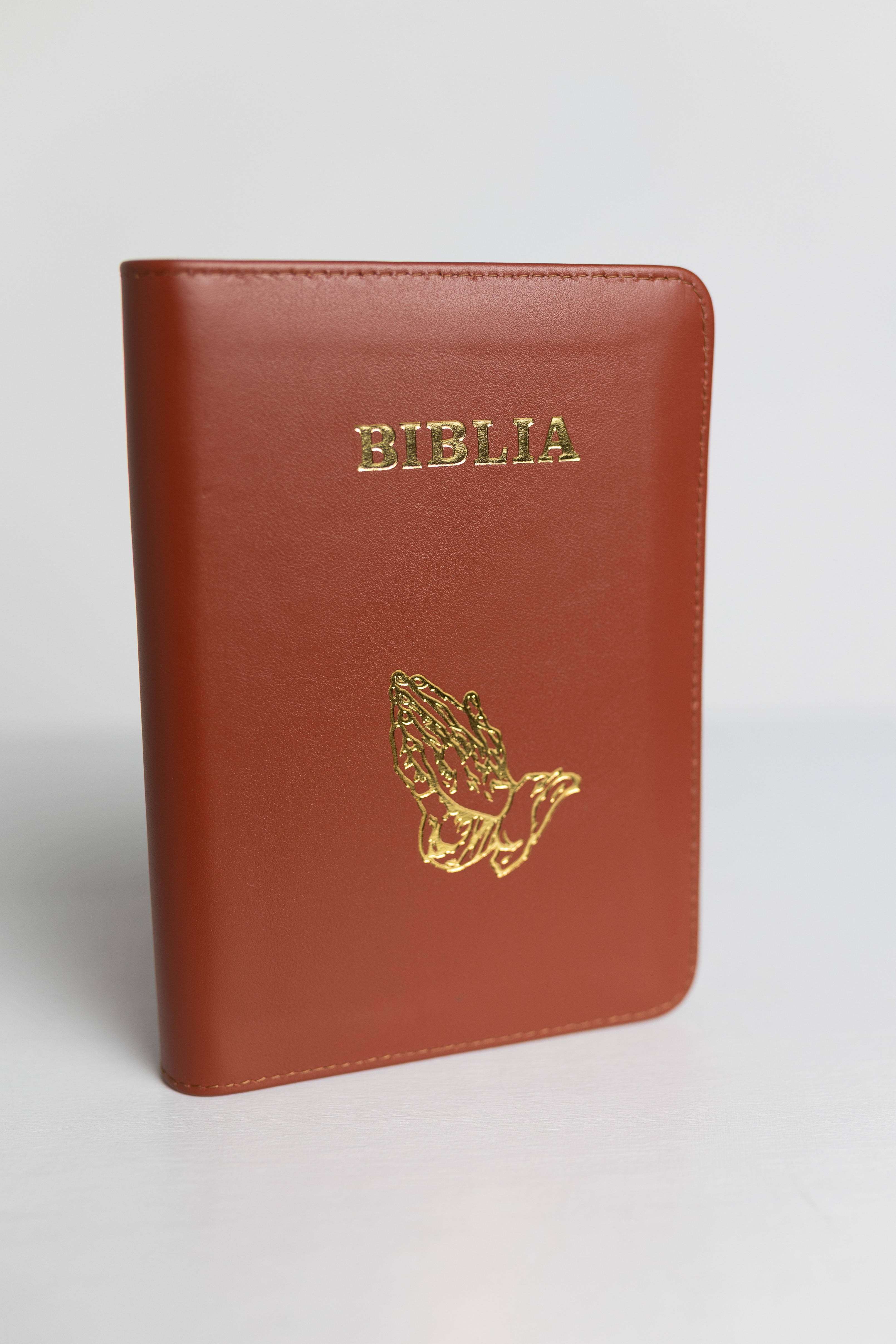 Biblie din piele, maro roșcat, margini aurii, index, maini in rugaciune, cuv. lui isus cu roșu [057 PFI]