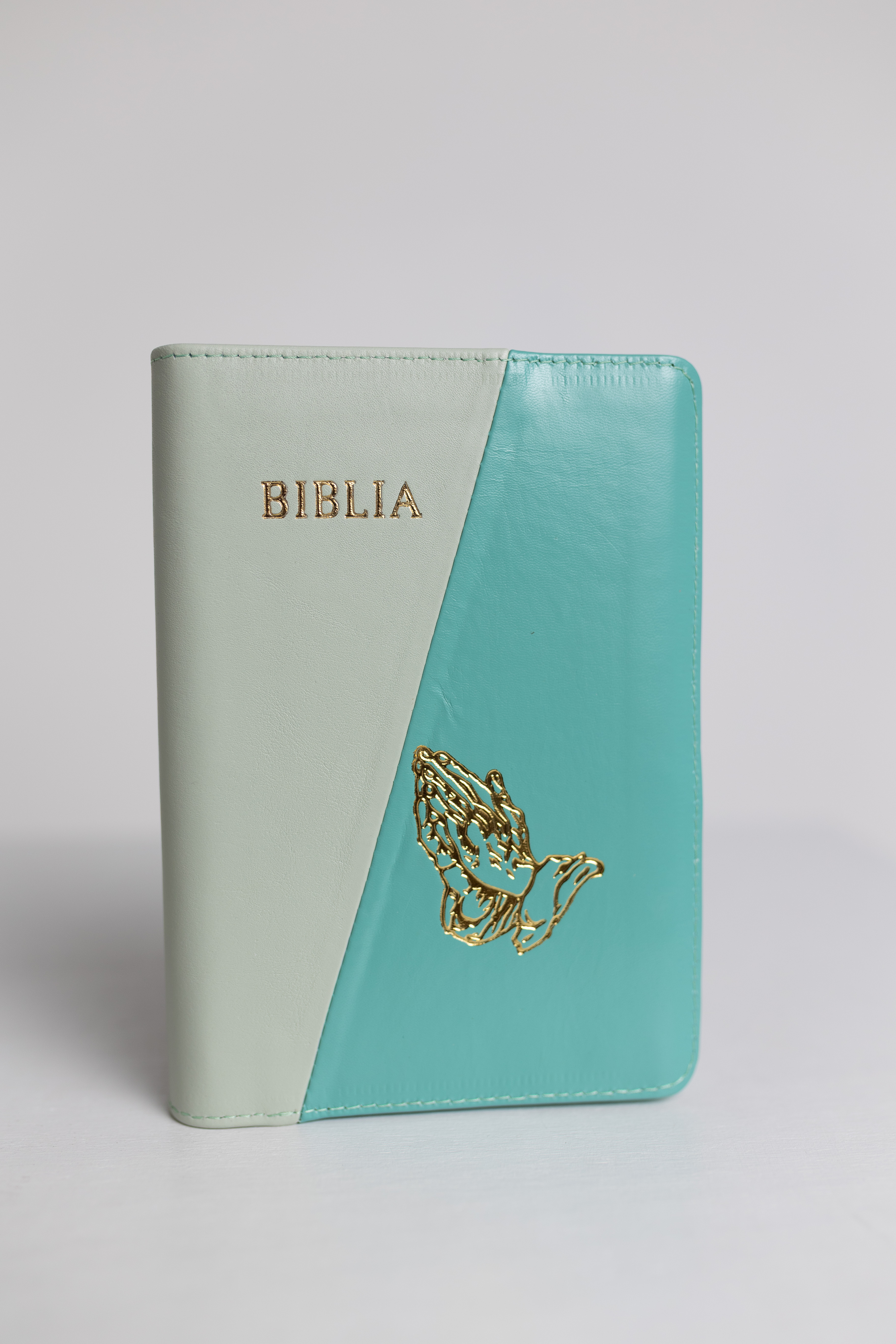 Biblie din piele, medie, verde mentă cu verde mentă închis, margini aurii, index, maini in rugaciune, cuv. lui isus cu roșu [057 PFI]