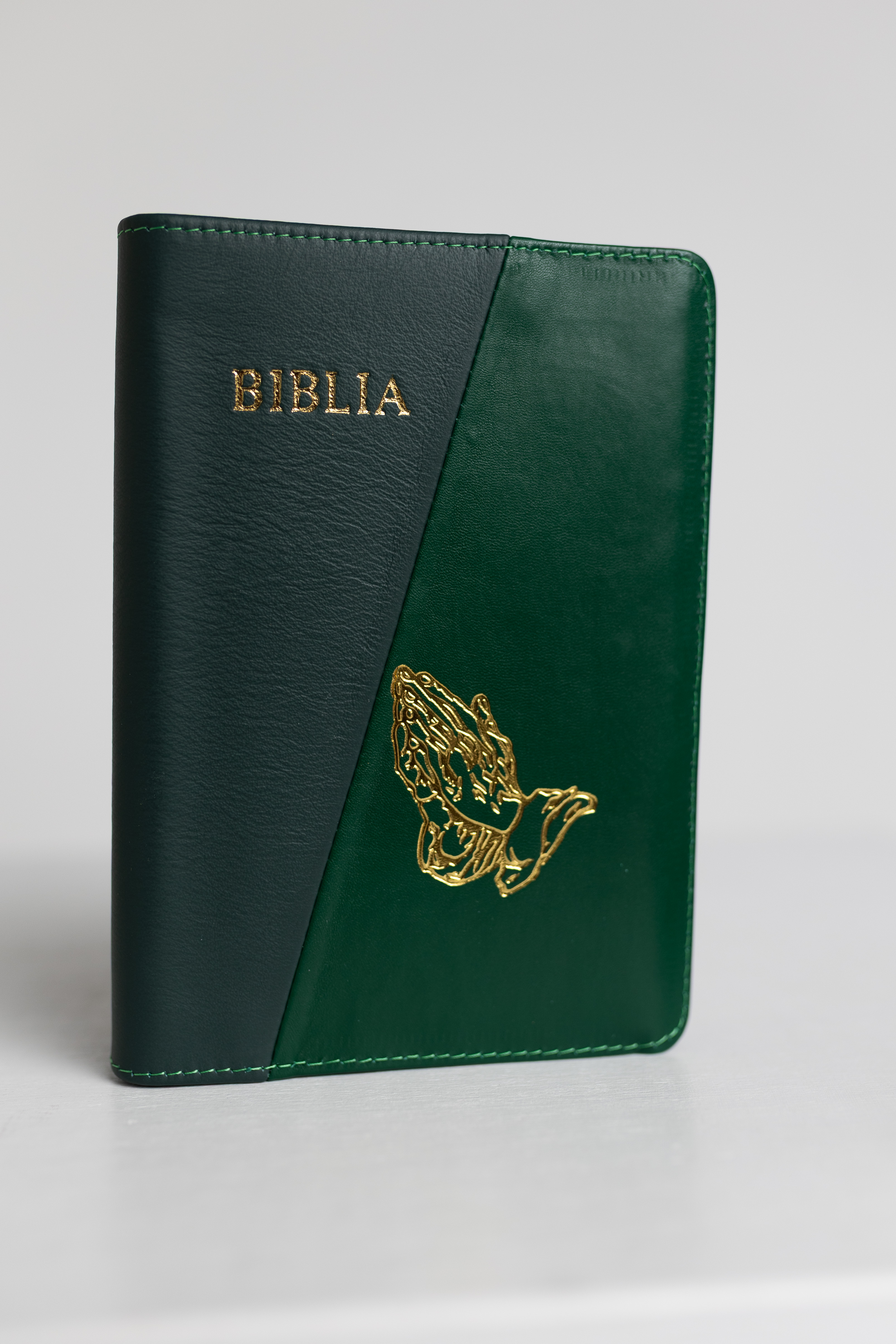 Biblie din piele, medie, verde spre gri cu verde închis, margini aurii, index, maini in rugaciune, cuv. lui isus cu roșu [057 PFI]