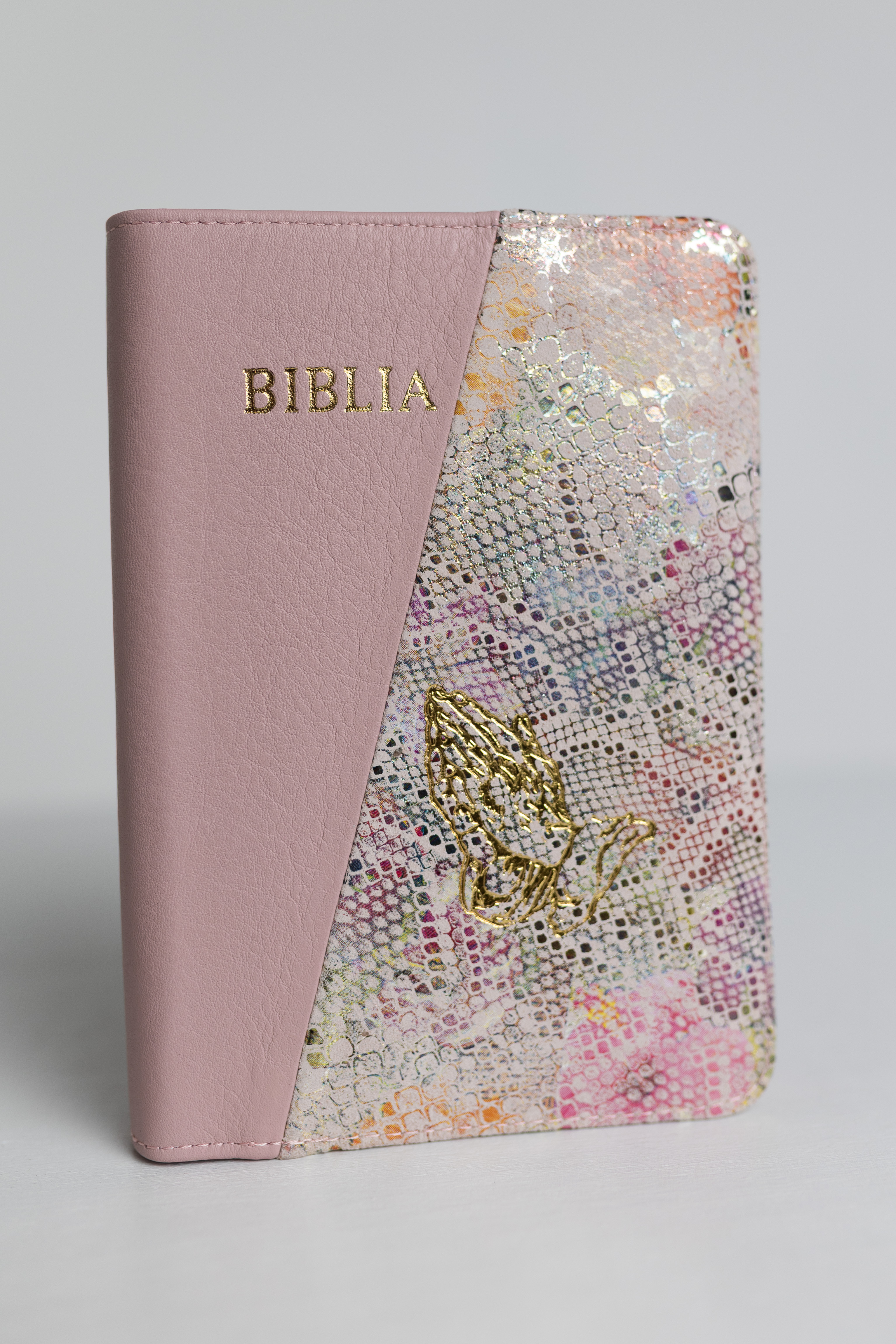 Biblie din piele, medie, roz cu nuanțe de roz, margini aurii, index, maini in rugaciune, cuv. lui isus cu roșu [057 PFI]