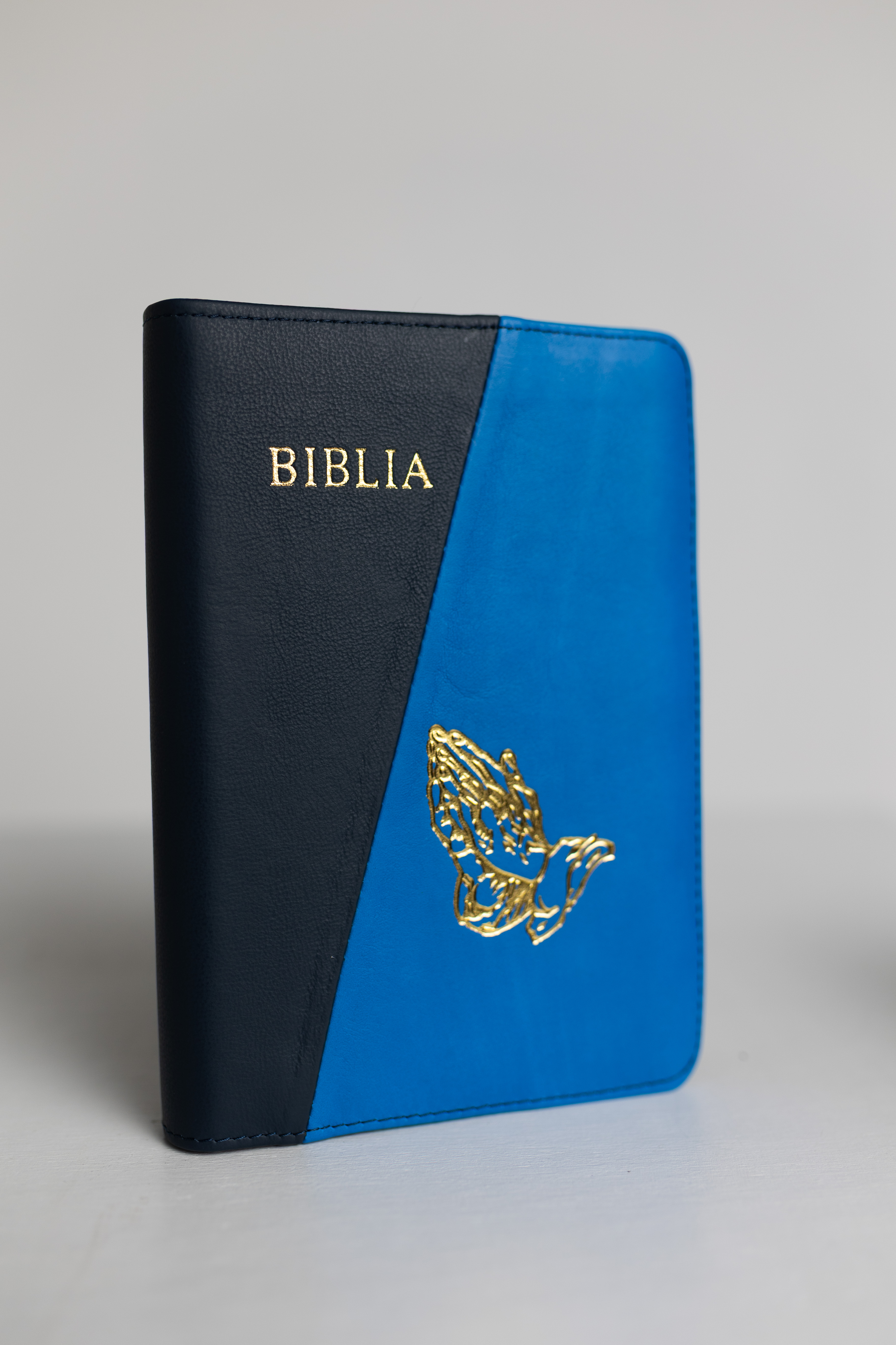 Biblie din piele, medie, bleumarin cu albastru, margini aurii, index, maini in rugaciune, cuv. lui isus cu roșu [057 PFI