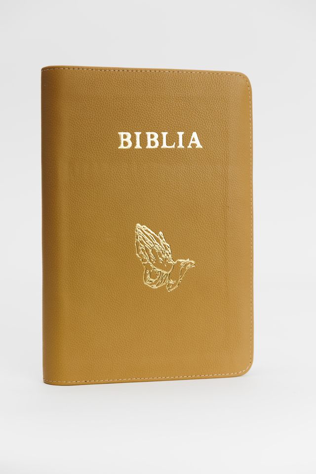 Biblie din piele, marime mare, culoare, maro muștar, simbol maini in rugaciune, fermoar, index, margini aurii, cuv. lui Isus cu rosu [SI 073 PFI]