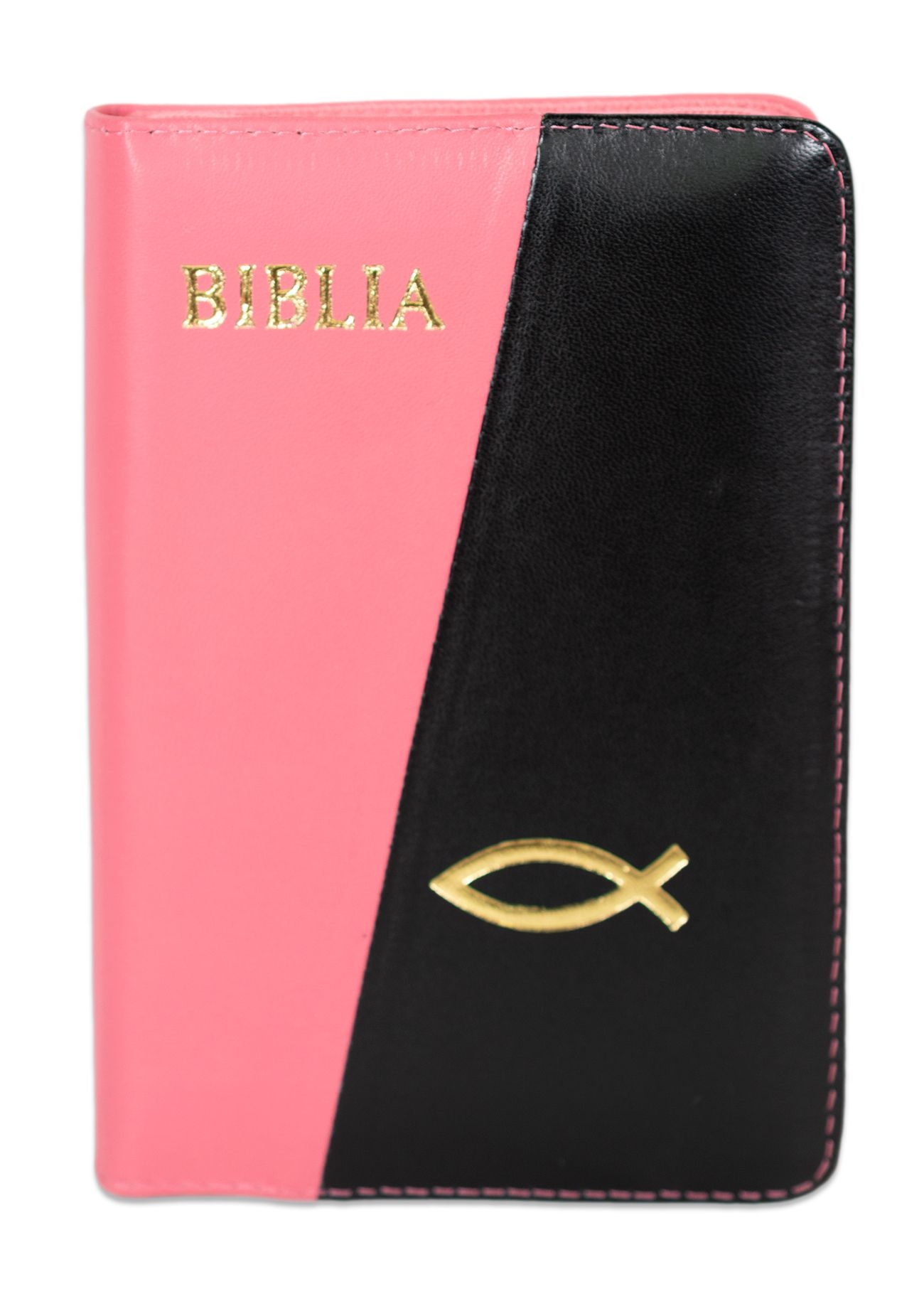 Biblia format mic, din piele, culoare roz cu negru, index, fermoar, margini argintii, simbol peste, cuv. lui Isus in rosu [047 PFI]
