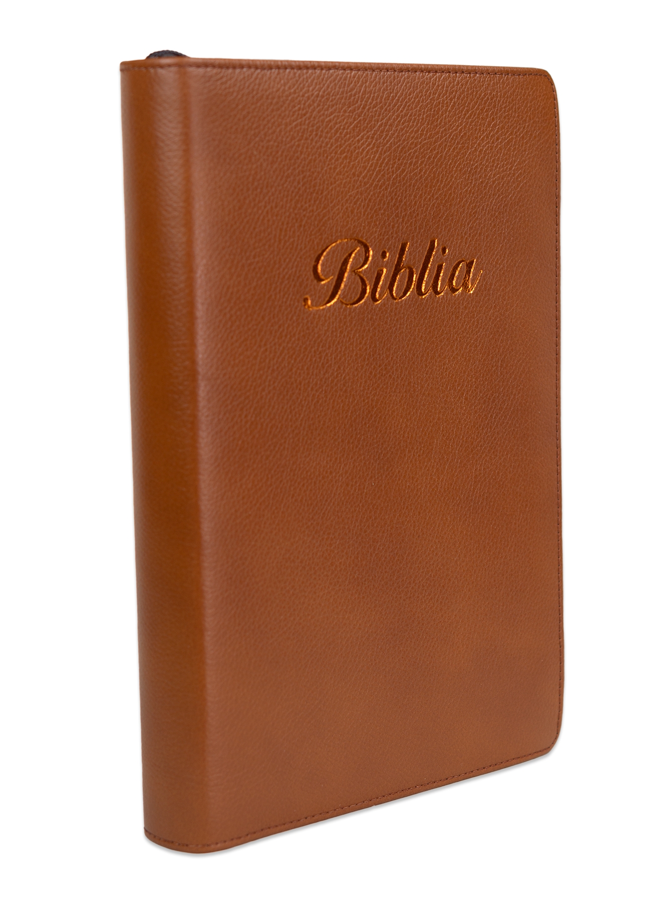 Biblie mare, piele, culoare maro, fermoar, index, margini argintii, cuv. Isus cu rosu + inel pentru pix [MAR 073 PFI]