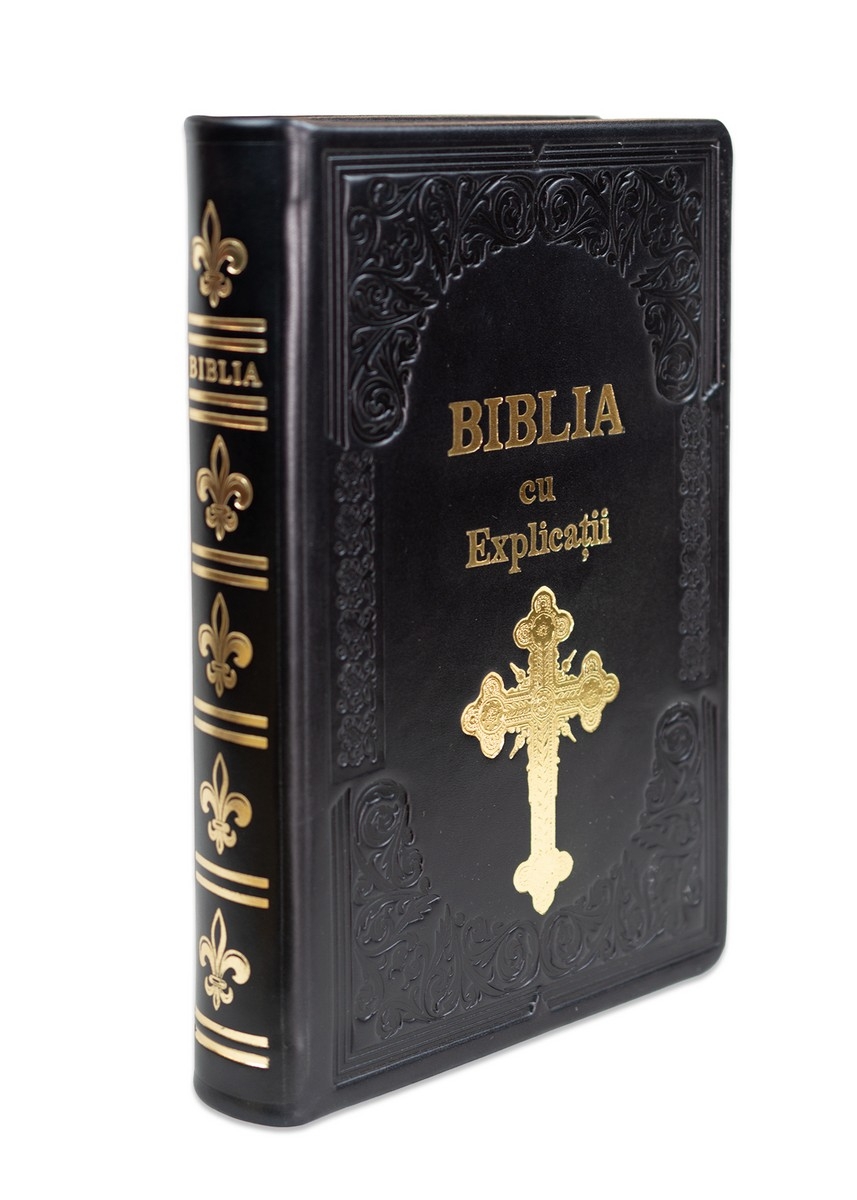 Biblia cu concordanta si explicatii, HANDMADE, mare, piele, neagra, index, aurita,  cuv. lui Isus cu rosu, simbol cruce [CO 77 HMI]
