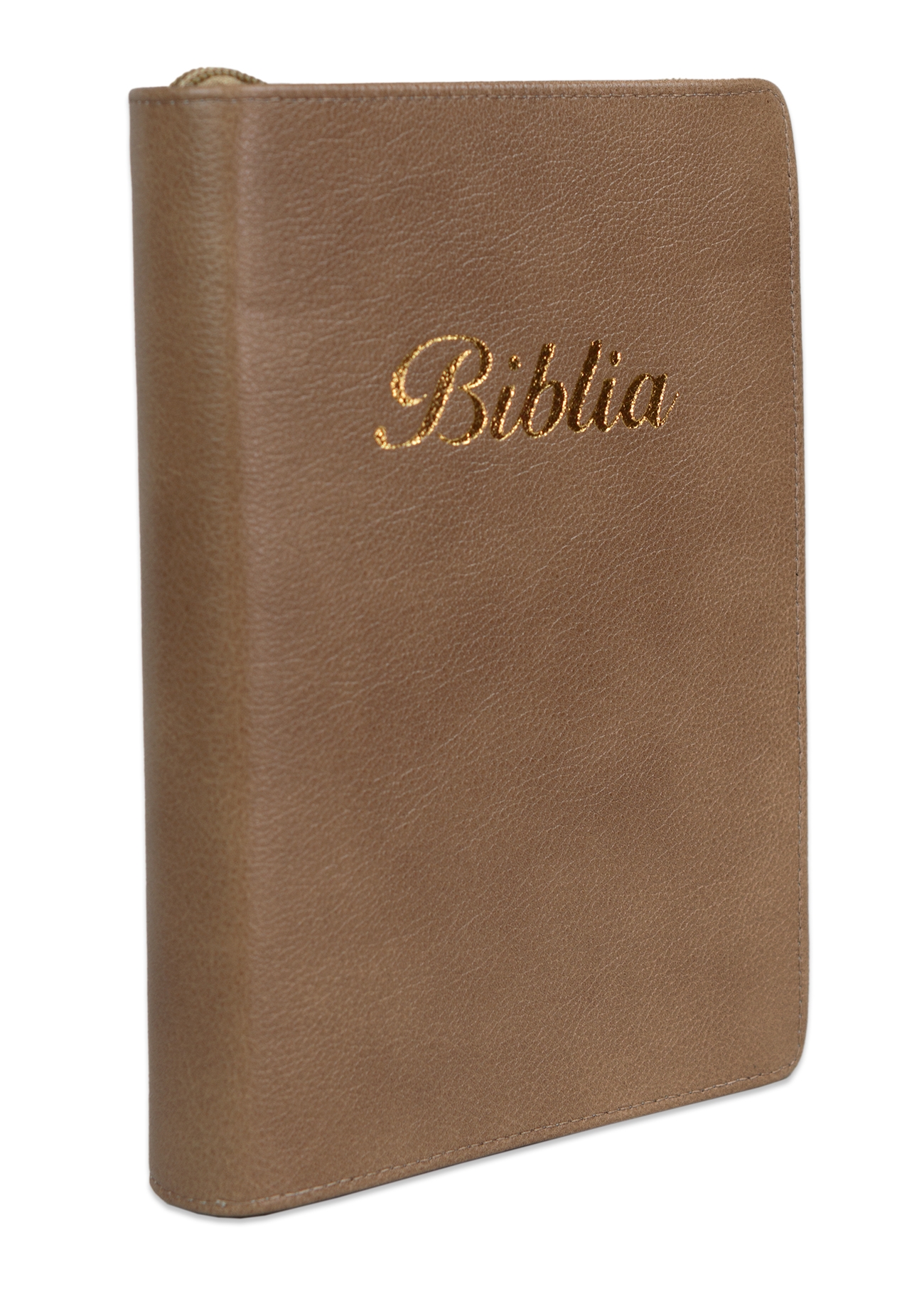 Biblia marime medie, culoare, bej închis, piele, fermoar, margini aurii, index, cuv. lui Isus cu rosu [MAR 057 PFI]