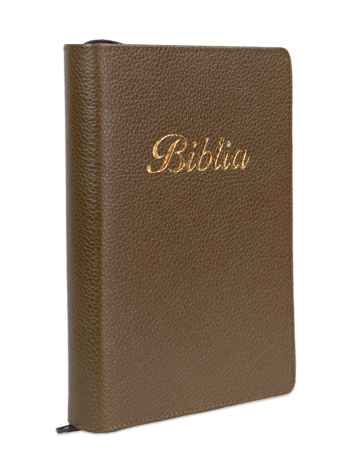Biblia marime medie, culoare, maro închis, piele, fermoar, margini aurii, index, cuv. lui Isus cu rosu + pix [MAR 057 PFI]