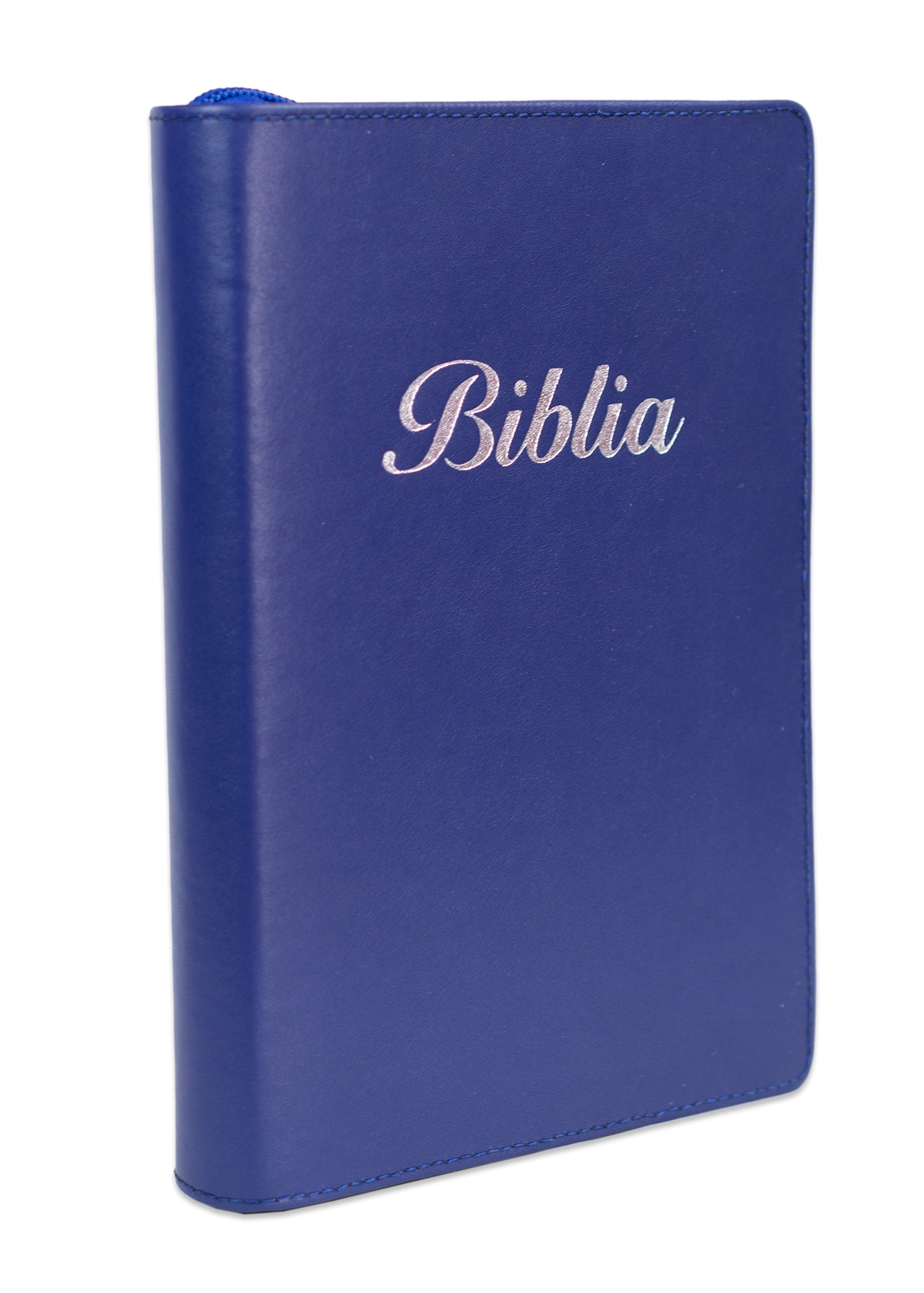 Biblia marime medie, culoare, bleumarin, piele, fermoar, margini aurii, index, cuv. lui Isus cu rosu [MAR 057 PFI]
