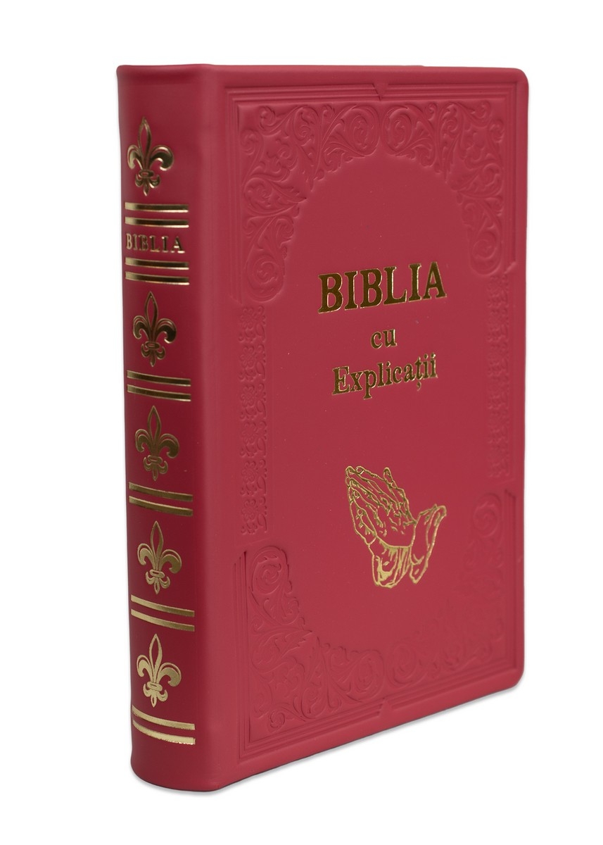 Biblia cu concordanță și explicații, HANDMADE, mare, piele, roz, index, aurit,  cuv. lui Isus cu rosu, simbol mâini în rugăciune  [CO 77 HMI]