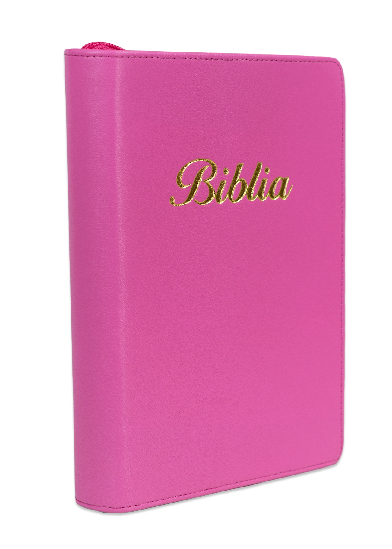 Biblia marime medie, culoare, roz bombon, piele, fermoar, margini aurii, index, cuv. lui Isus cu rosu [MAR 057 PFI]