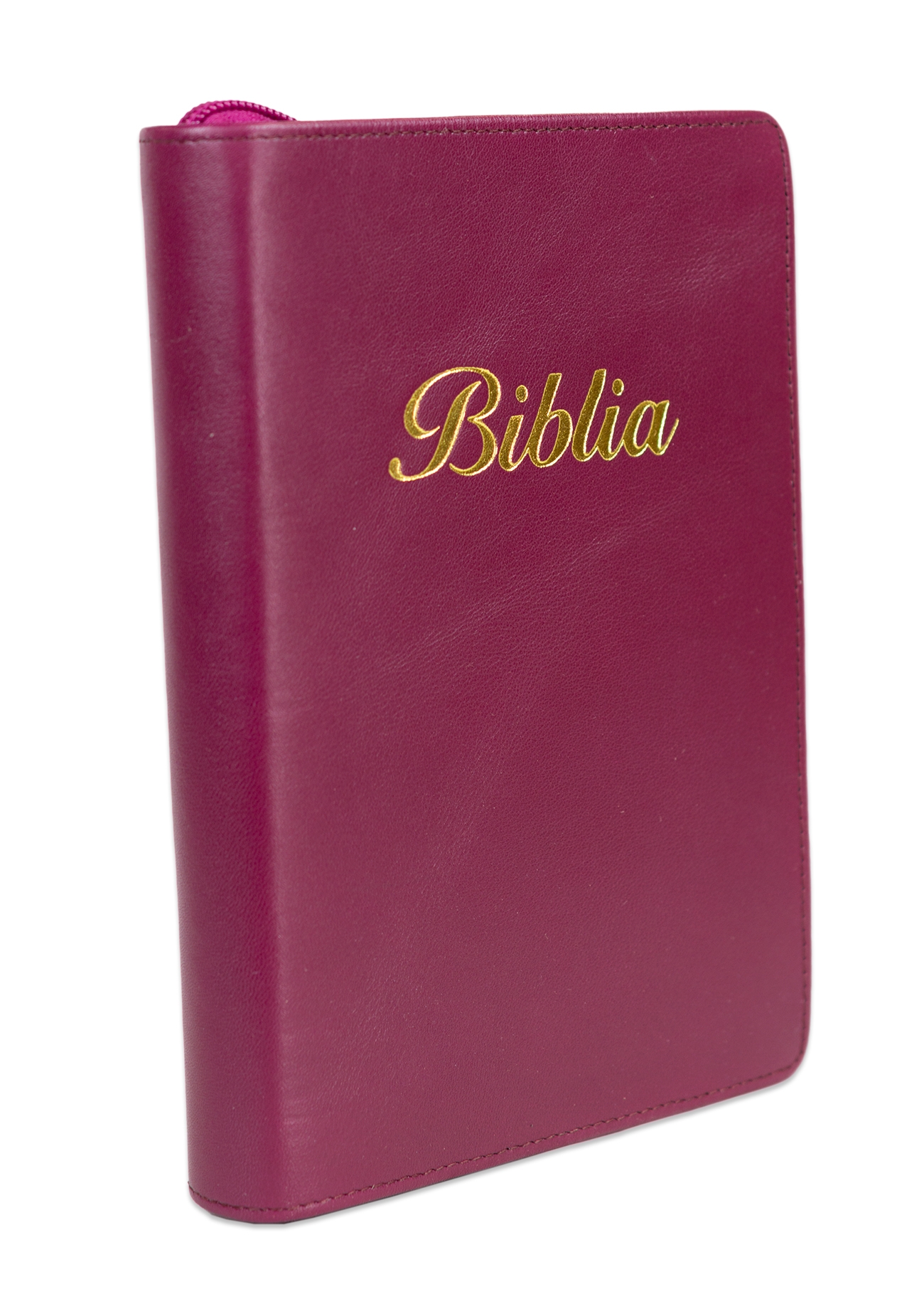 Biblia marime medie, culoare, roz închis, piele, fermoar, margini aurii, index, cuv. lui Isus cu rosu [MAR 057 PFI]