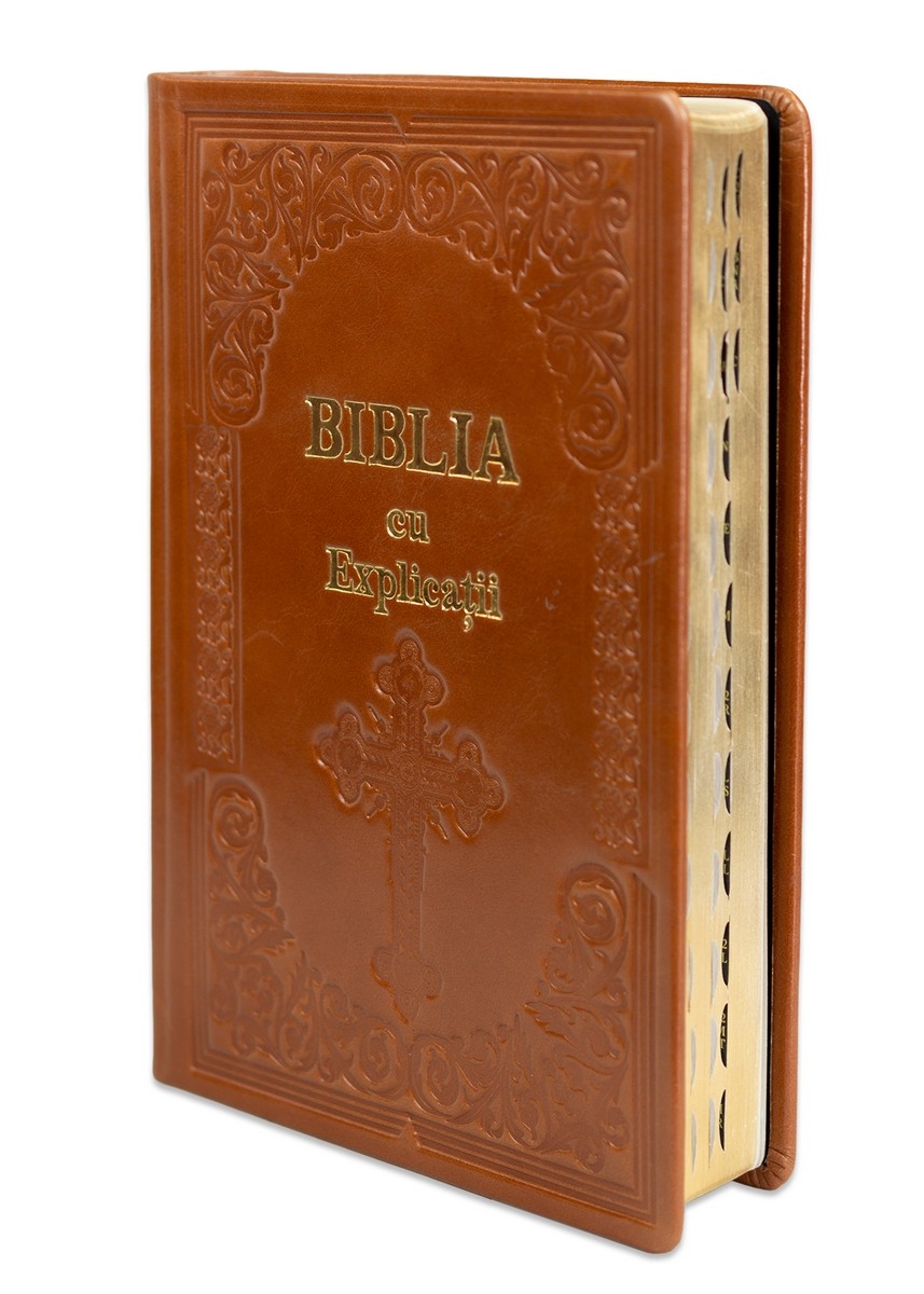 Biblia cu concordanta si explicatii, HANDMADE, mare, piele, maro, index, aurita,  cuv. lui Isus cu rosu, simbol cruce [CO 77 HMI]