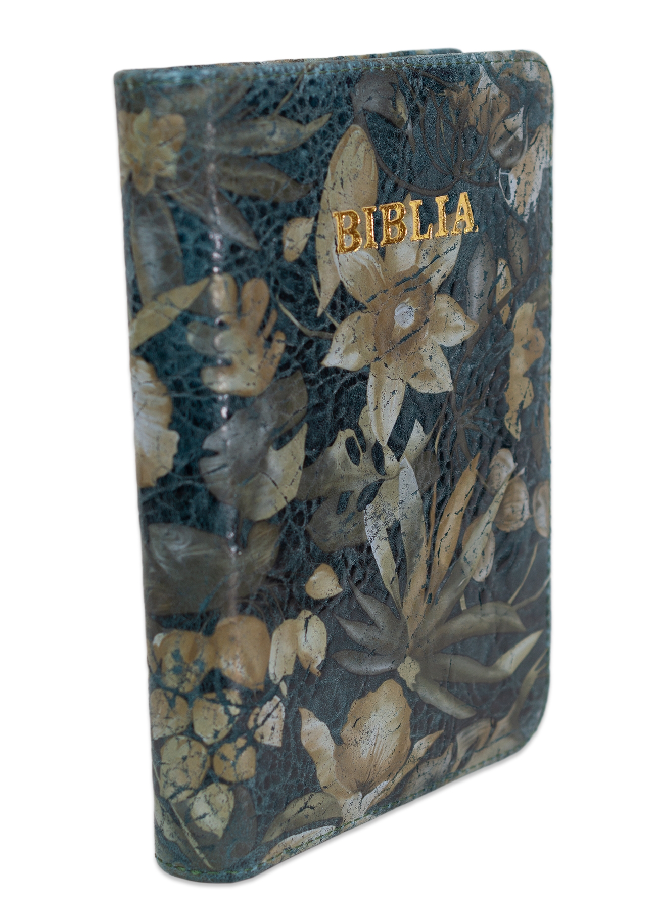 Biblie din piele, marime medie, verde cu model floral, fermoar, margini albe, cuv. lui Isus cu rosu [053]