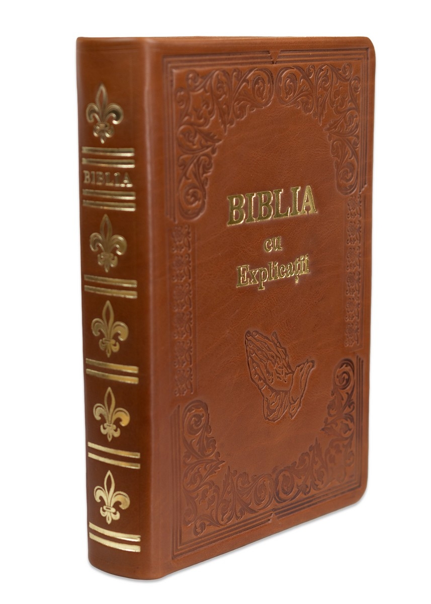 Biblia cu concordanta si explicatii, HANDMADE, mare, piele, maro, index, aurita,  cuv. lui Isus cu rosu, simbol maini in rugaciune [CO 77 HMI]