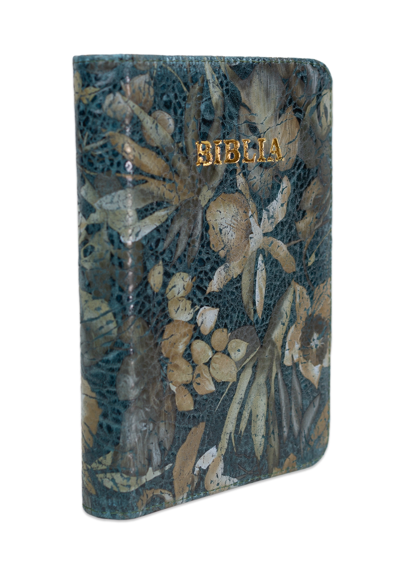 Biblia format mic, din piele, culoare, verde cu model floral,  index, fermoar, margini argintii, cuv. lui Isus in rosu [047 PFI]