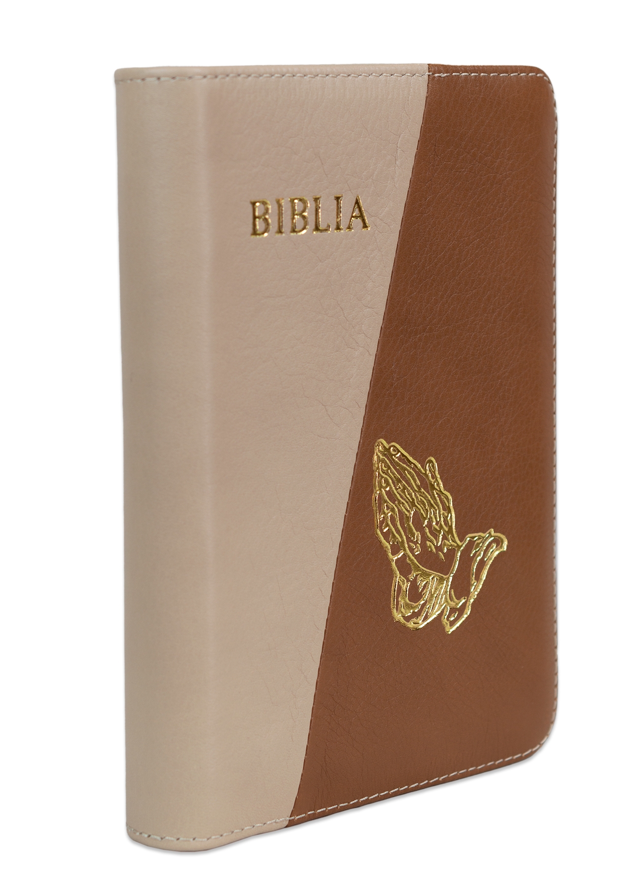 Biblie din piele, marime medie, bej cu maro, fermoar, margini albe, simbol maini in rugaciune, cuv. lui Isus cu rosu [053]