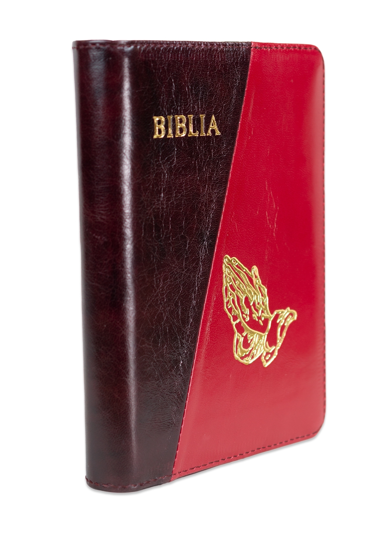 Biblia mica, coperta piele, culoare bordo cu roșu , index, fermoar, margini aurii,  simbolul maini, cuv. lui Isus in rosu [047 PFI]