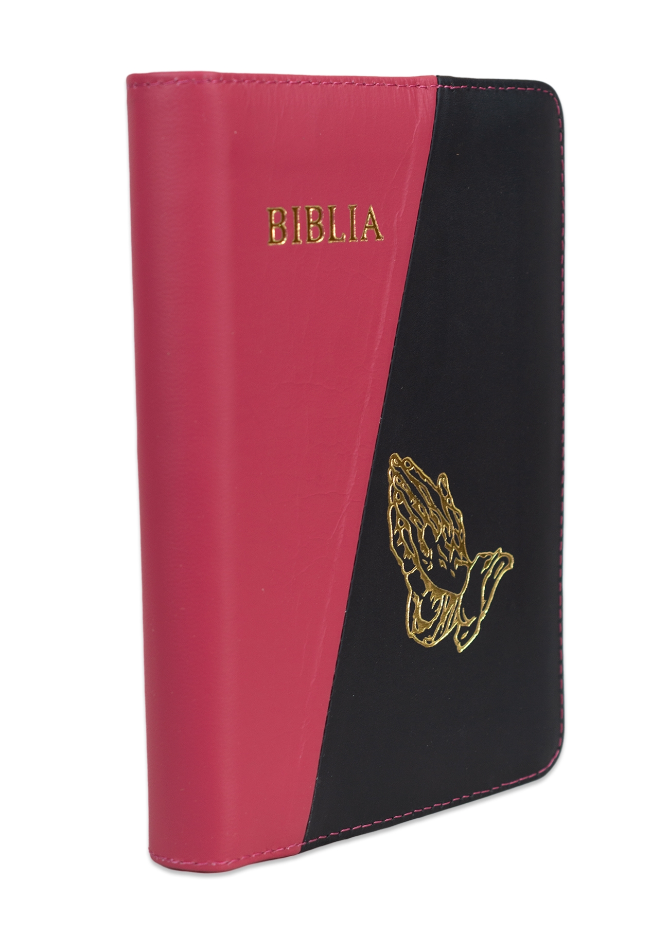 Biblie din piele, marime medie, roz cu negru, fermoar, margini albe, simbol maini in rugaciune, cuv. lui Isus cu rosu [053]