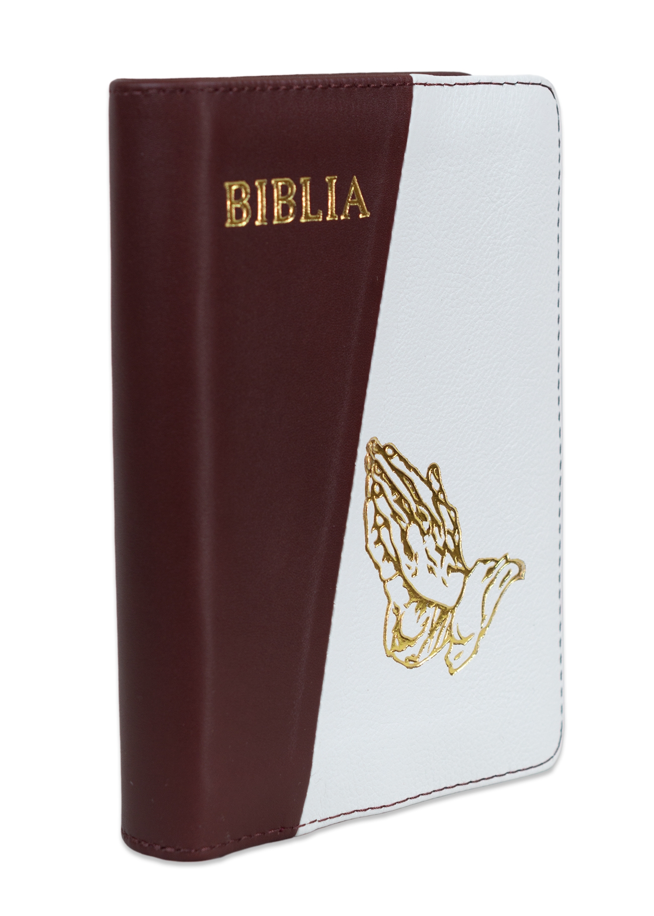Biblia format mic, din piele, culoare, bordo cu alb,  index, simbol maini,  fermoar, margini argintii, cuv. lui Isus in rosu [047 PFI]
