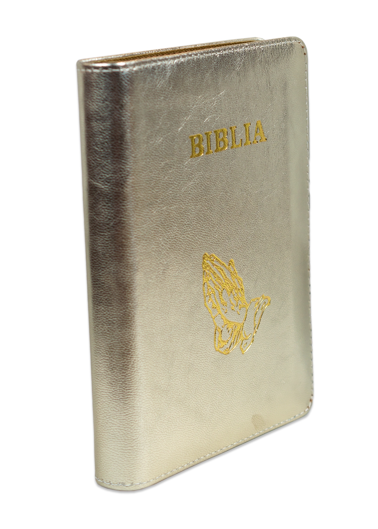Biblie din piele, marime medie, culoare auriu deschis sidefat, simbol maini in rugaciune, fermoar, index, margini aurii, cuv. lui Isus cu rosu [SB 057 PFI]