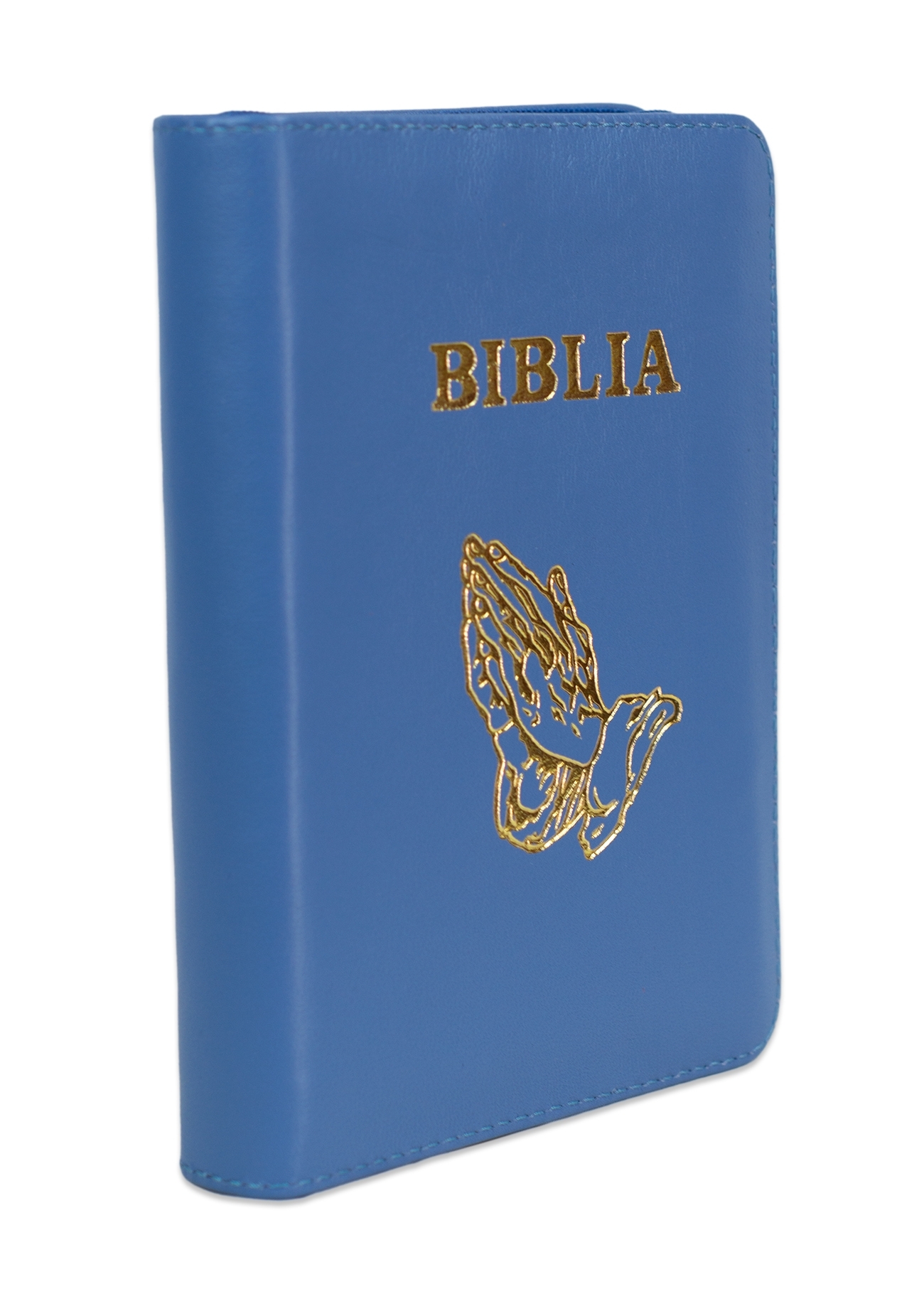 Biblia mica, coperta piele, albastră, index, fermoar, margini aurii,  simbolul maini, cuv. lui Isus in rosu [047 PFI]