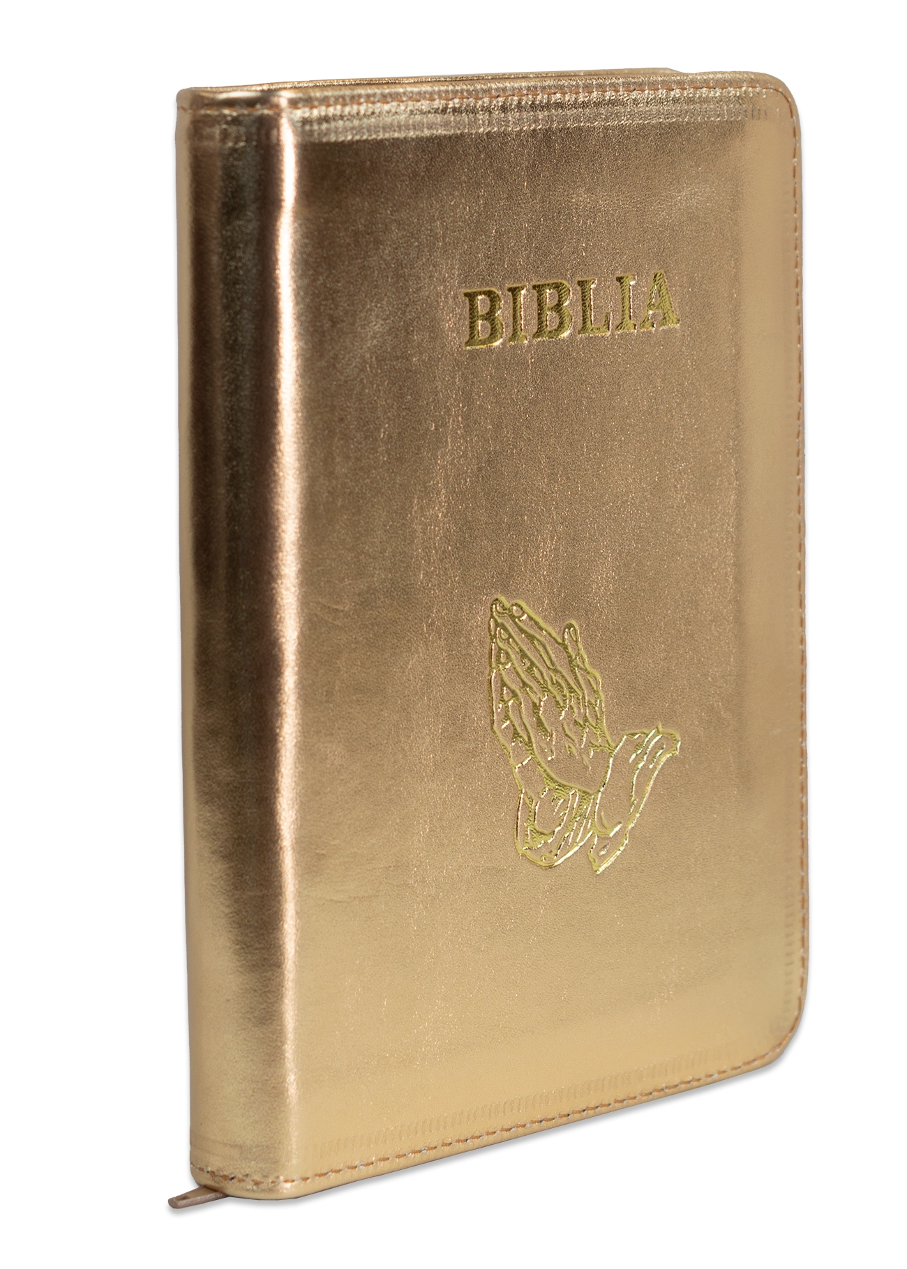 Biblie din piele, marime medie, culoare auriu sidefat, simbol maini in rugaciune, fermoar, index, margini aurii, cuv. lui Isus cu rosu [SB 057 PFI]