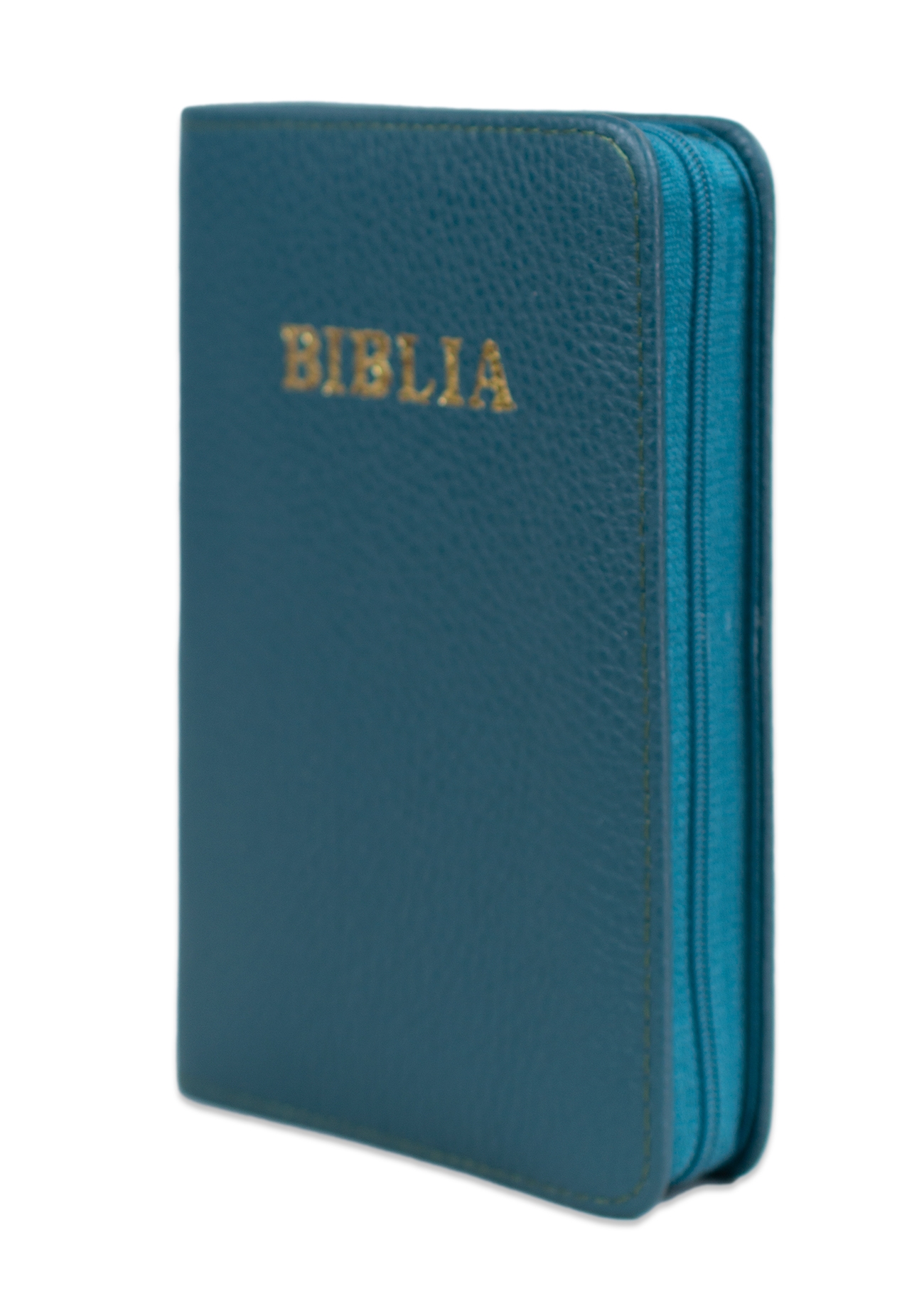 Biblia format mic, din piele, verde turcoaz închis, index, fermoar, margini argintii, cuv. lui Isus in rosu [047 PFI]