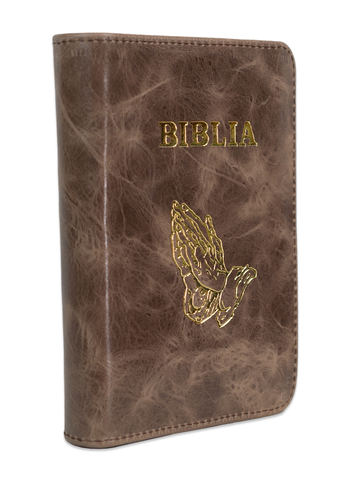 Biblia format mic, din piele, maro, index, fermoar, margini argintii, simbol maini, cuv. lui Isus in rosu [047 PFI]