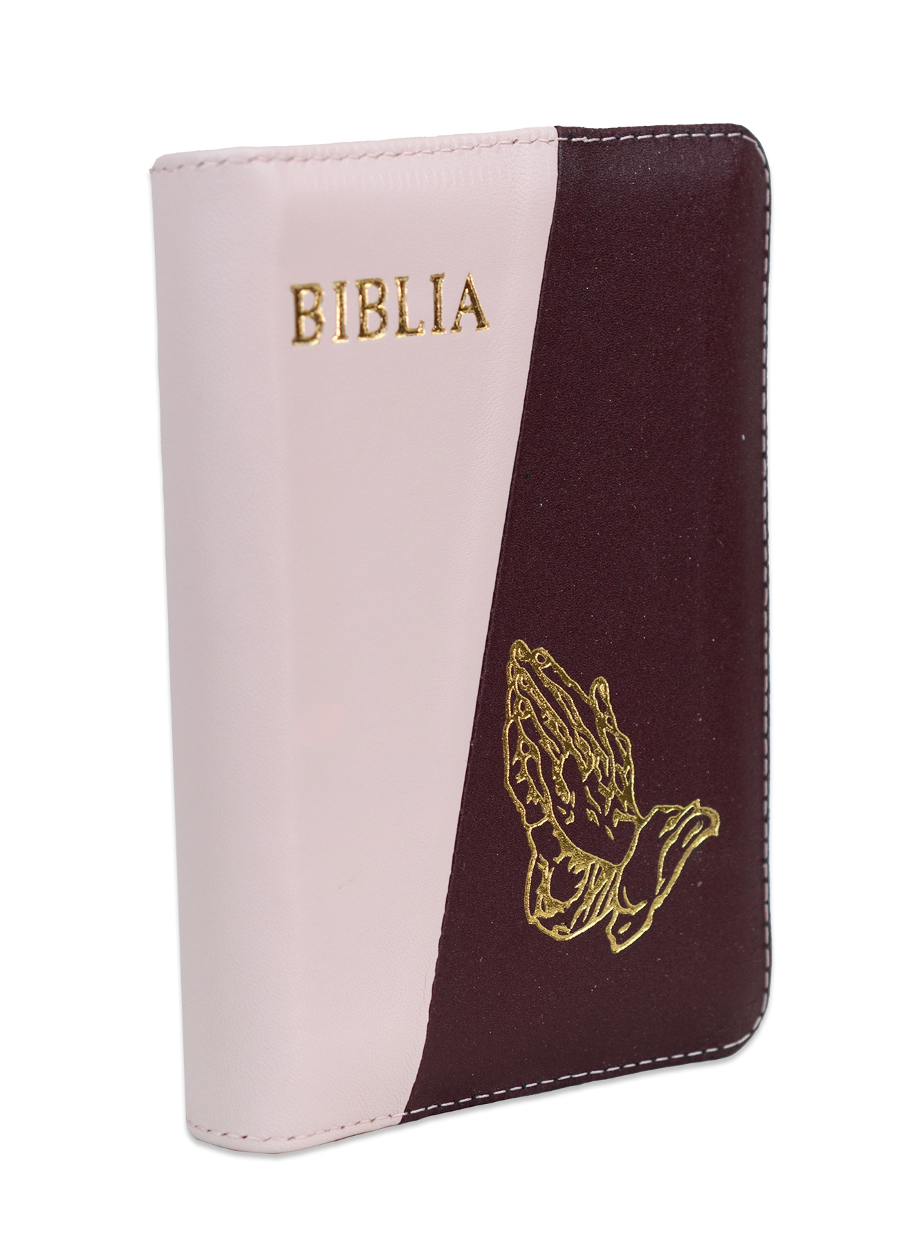 Biblia format mic, din piele, roz cu vișiniu, index, fermoar, margini argintii, simbol maini, cuv. lui Isus in rosu [047 PFI]