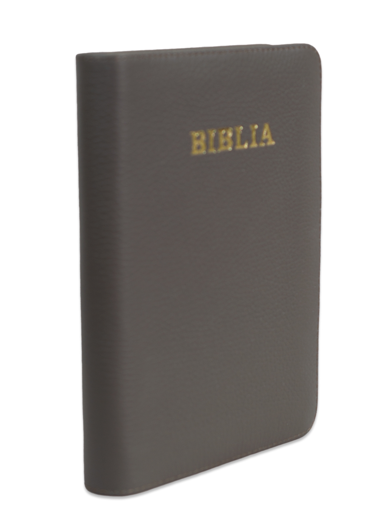 Biblie din piele, marime medie, culoare nuanta de gri, fermoar, margini albe,cuv. lui Isus cu rosu [053]