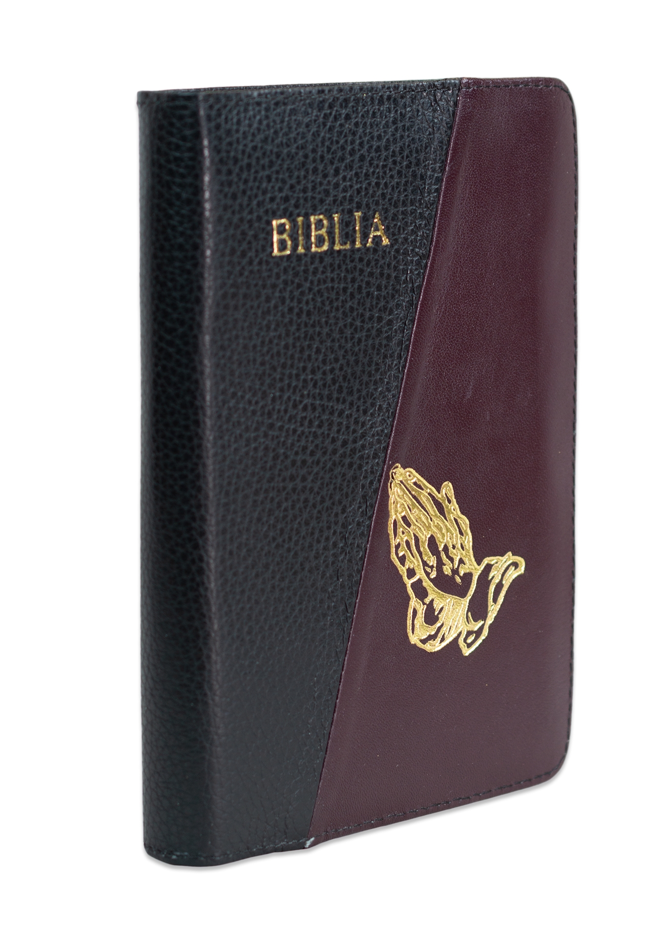 Biblie din piele, marime medie, culoare negru cu bordo, simbol maini in rugaciune, fermoar, index, margini aurii, cuv. lui Isus cu rosu [SB 057 PFI]