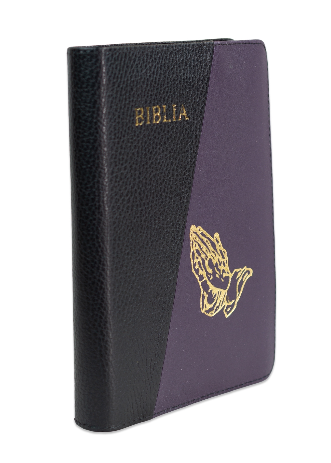 Biblie din piele, marime medie, negru cu mov, fermoar, margini albe, simbol maini in rugaciune, cuv. lui Isus cu rosu [053]