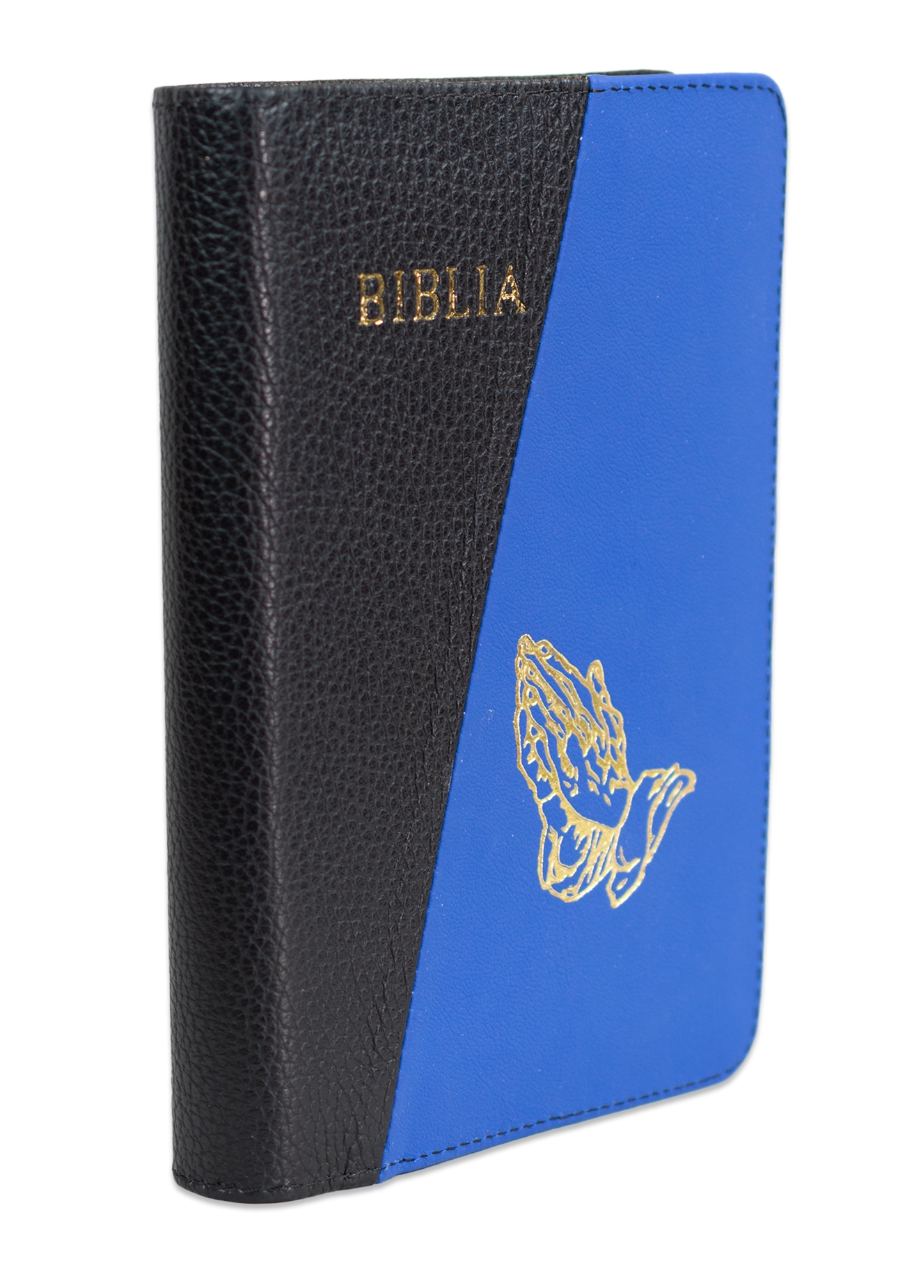 Biblie din piele, marime medie, culoare negru cu albastru, simbol maini in rugaciune, fermoar, index, margini aurii, cuv. lui Isus cu rosu [SB 057 PFI]