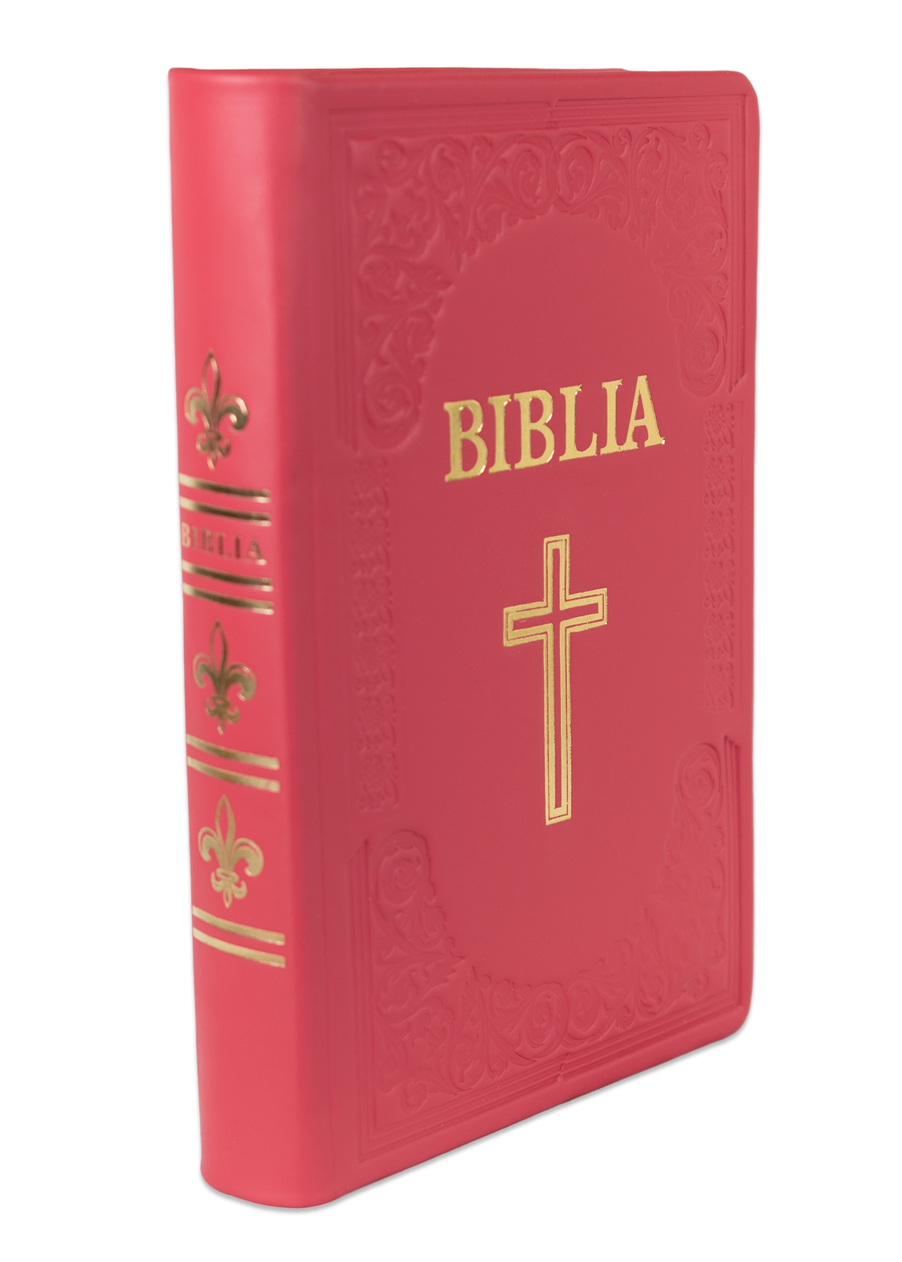 Biblie mare, piele, handmade, roz închis, simbol cruce,  index, margini aurii,  cuv. Isus cu rosu [SI 076 HM]