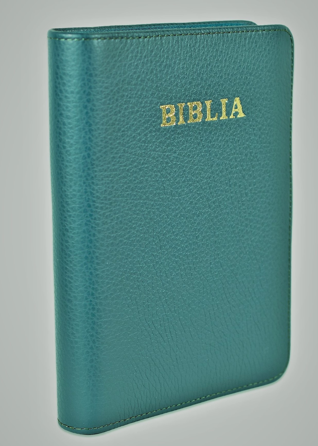 Biblie din piele, marime medie, verde turcoaz închis, fermoar, margini albe, cuv. lui Isus cu rosu [053]