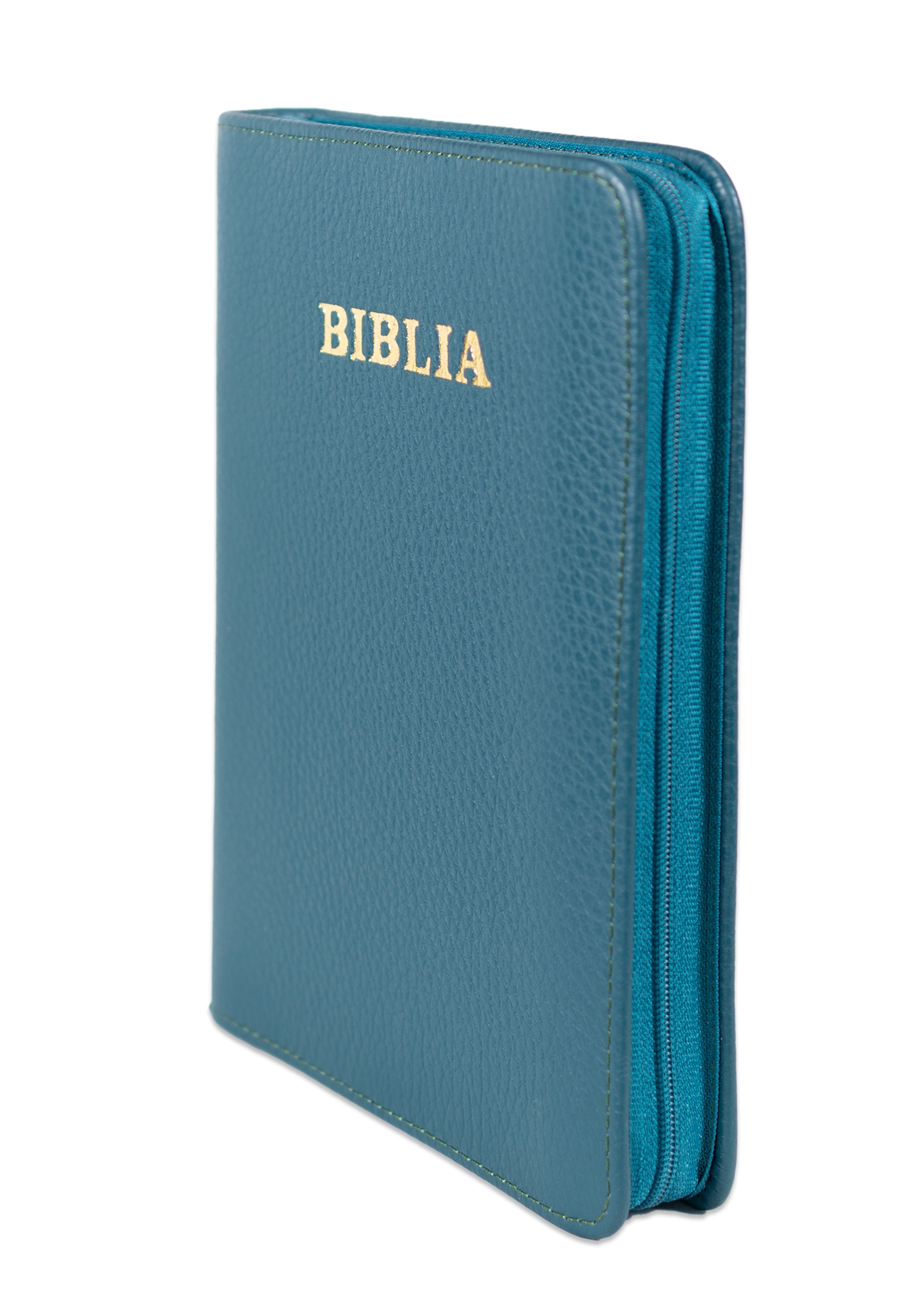 Biblie din piele, marime medie, culoare albastru mineral închis , fermoar, index, margini aurii, cuv. lui Isus cu rosu [SB 057 PFI]