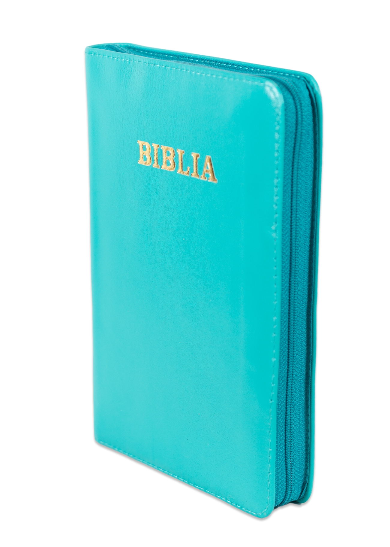 Biblie din piele, marime medie, culoare turcoaz deschis, fermoar, margini albe,cuv. lui Isus cu rosu [053]