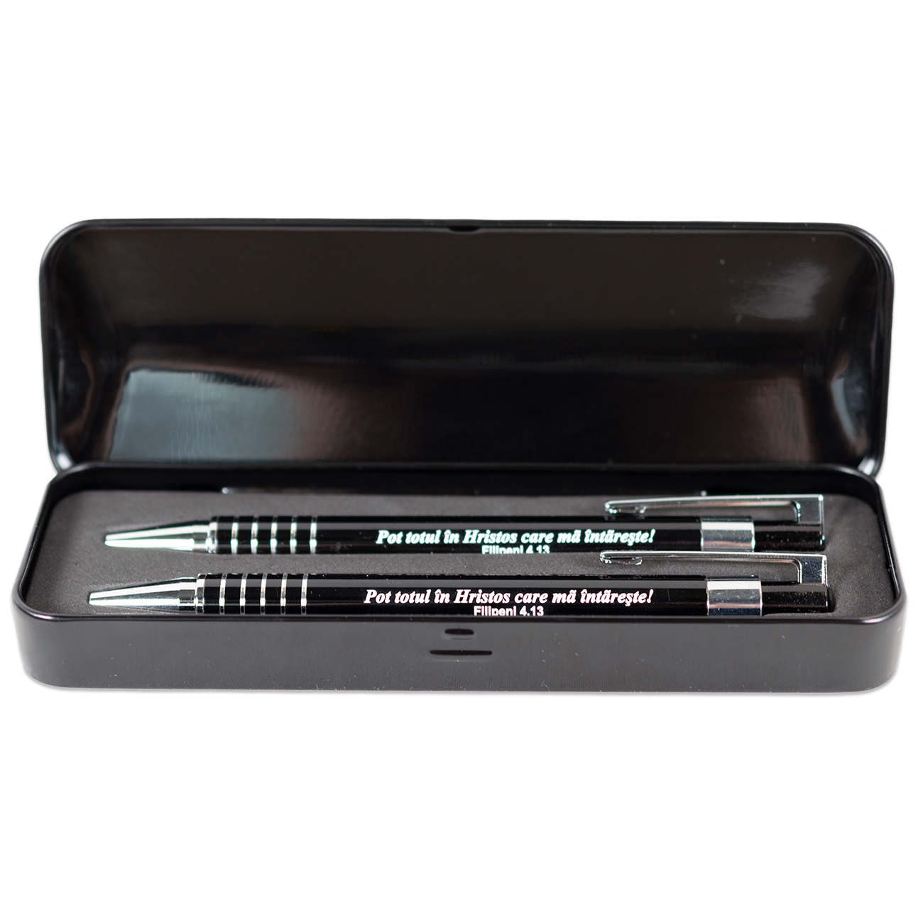 Set pix si creion in cutie metalica - "Pot totul in Hristos" Set pix si creion in cutie metalica - "Pot totul in Hristos"