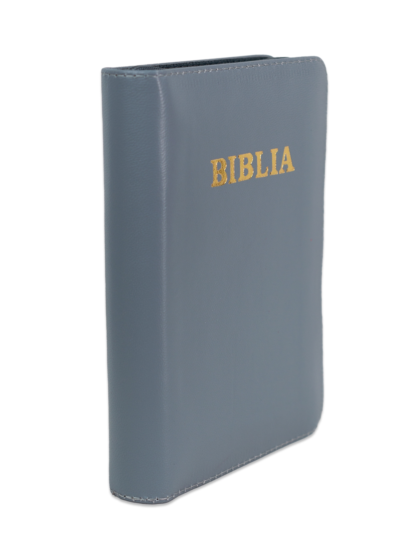 Biblia format mic, din piele, culoare gri, index, fermoar, margini argintii, cuv. lui Isus in rosu [047 PFI]