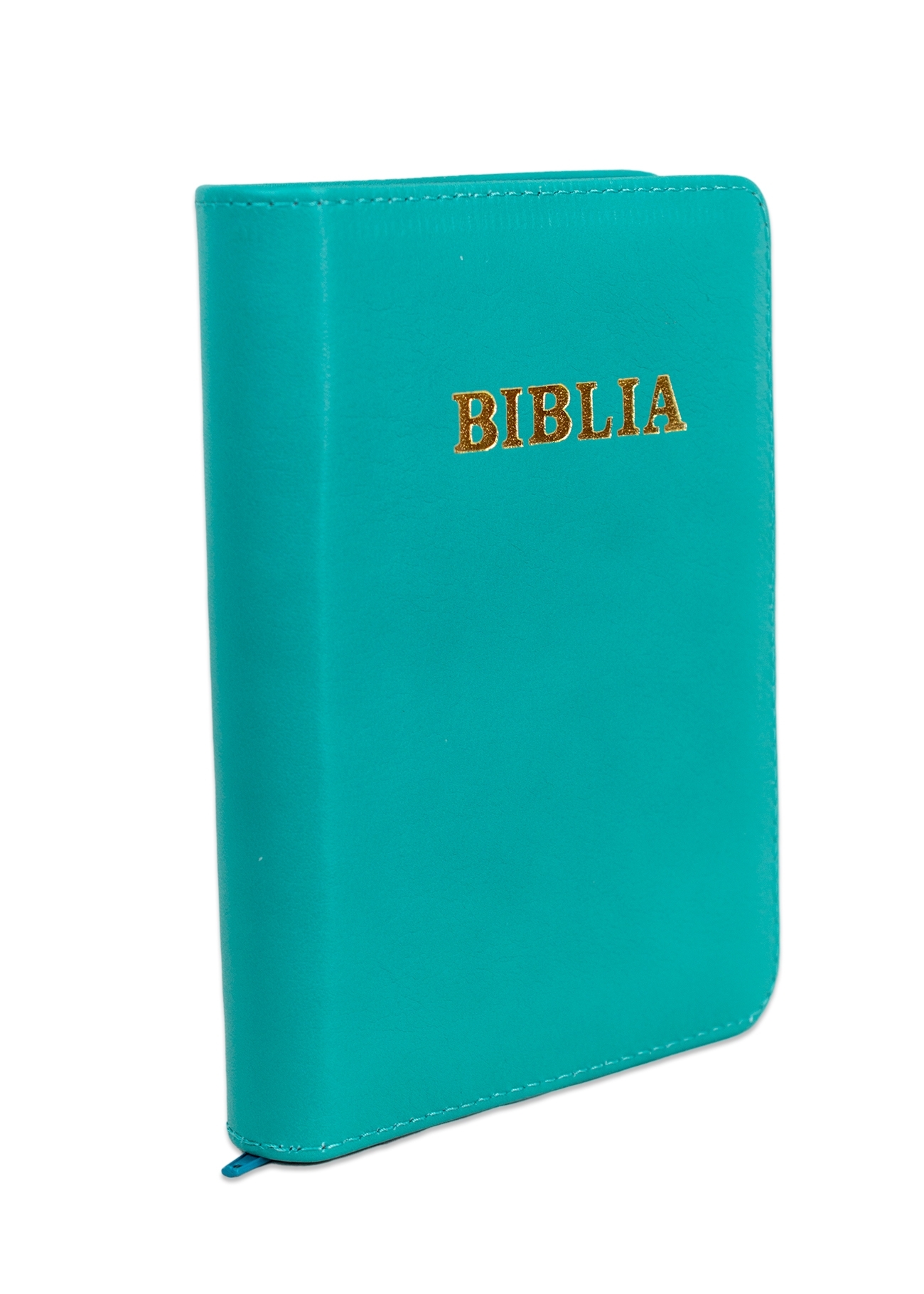 Biblia mica, coperta piele, culoare, turcoaz, index, fermoar, margini aurii, cuv. lui Isus in rosu [047 PFI]