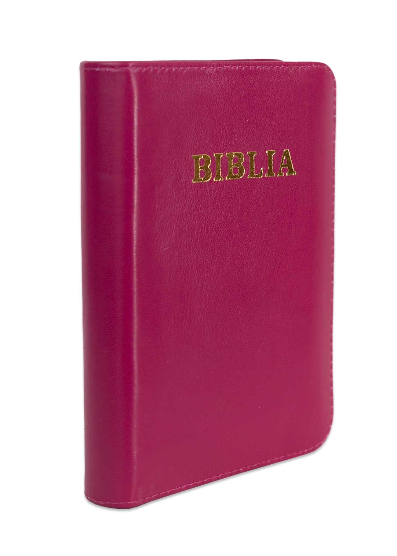 Biblia format mic, din piele, culoare roz magenta, index, fermoar, margini argintii, cuv. lui Isus in rosu [047 PFI]