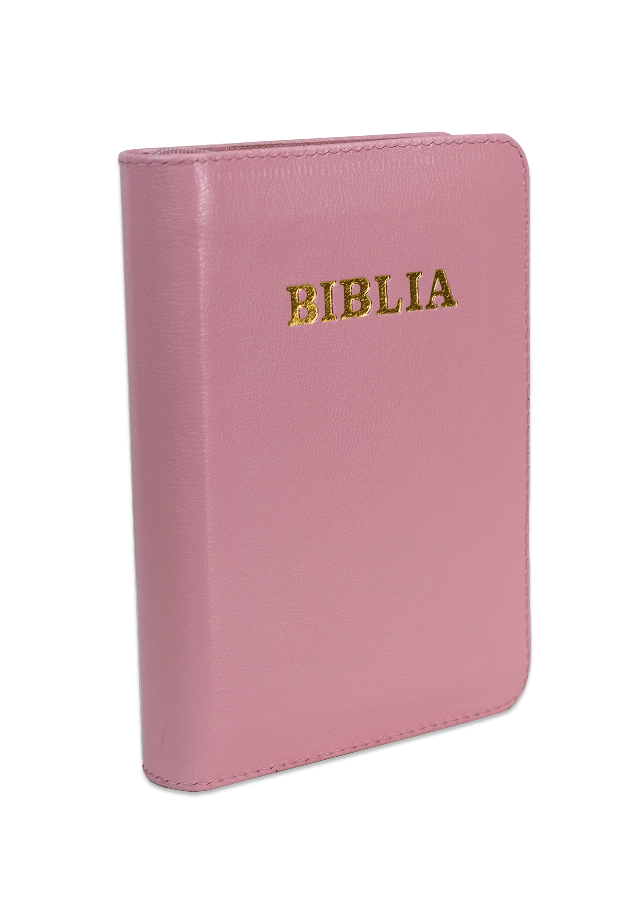 Biblia format mic, din piele, culoare roz deschis, index, fermoar, margini argintii, cuv. lui Isus in rosu [047 PFI]