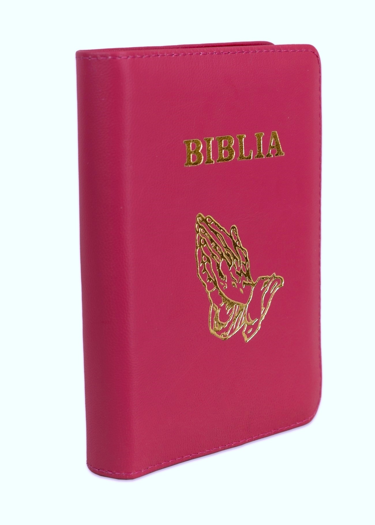 Biblie din piele, marime medie, roz inchis, simbol maini in rugaciune, fermoar, index, margini aurii, cuv. lui Isus cu rosu [SB 057 PFI]