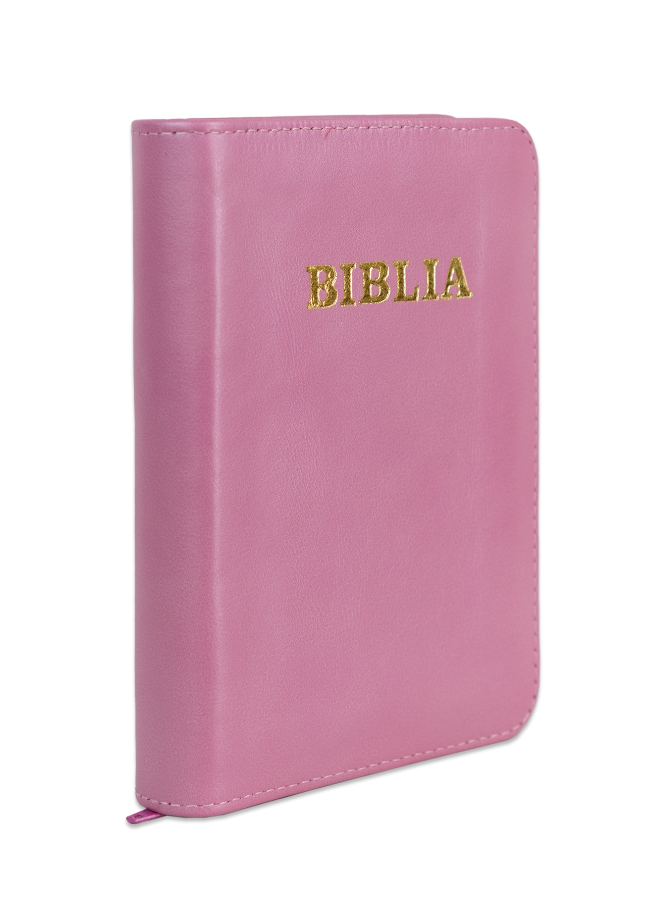 Biblia format mic, din piele, culoare roz, index, fermoar, margini argintii, cuv. lui Isus in rosu [047 PFI]